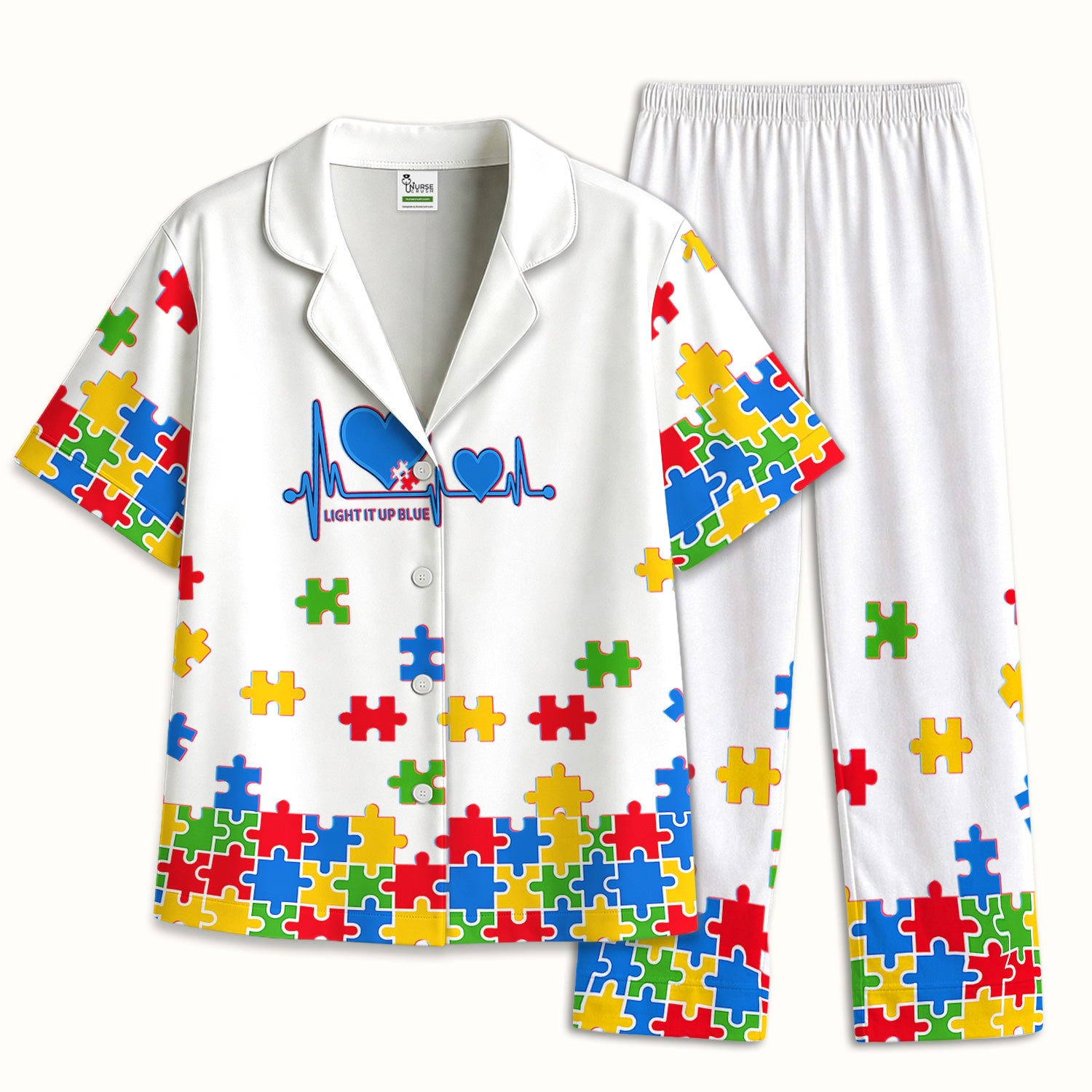 Autism Puzzle Heartbeat Light It Up Blue Print Pajama Set, Breathable Fabrics Uniform