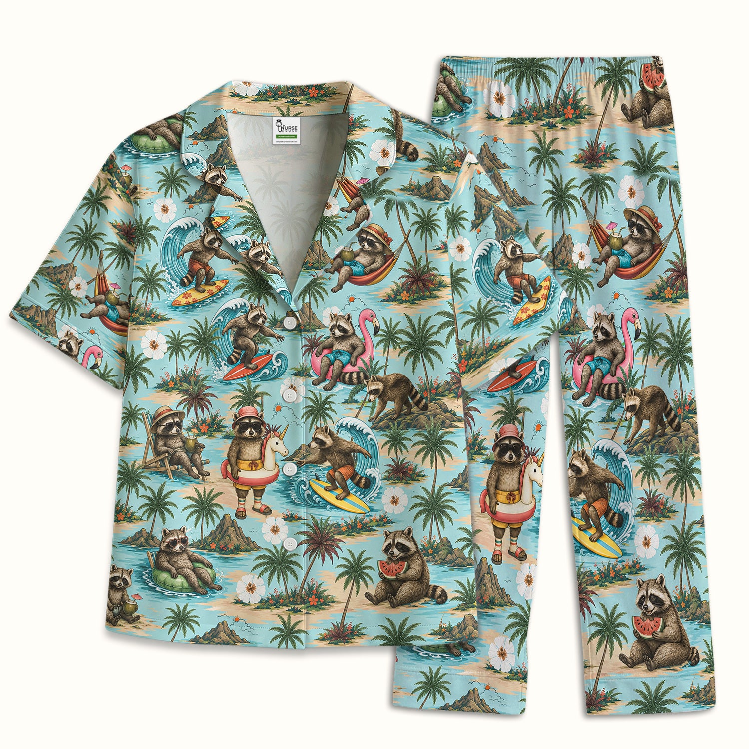 Tropical Raccoon with Surfing Island Beach Print Pajama Set, Soft Breathable Fabric Comfortable Sleepwear