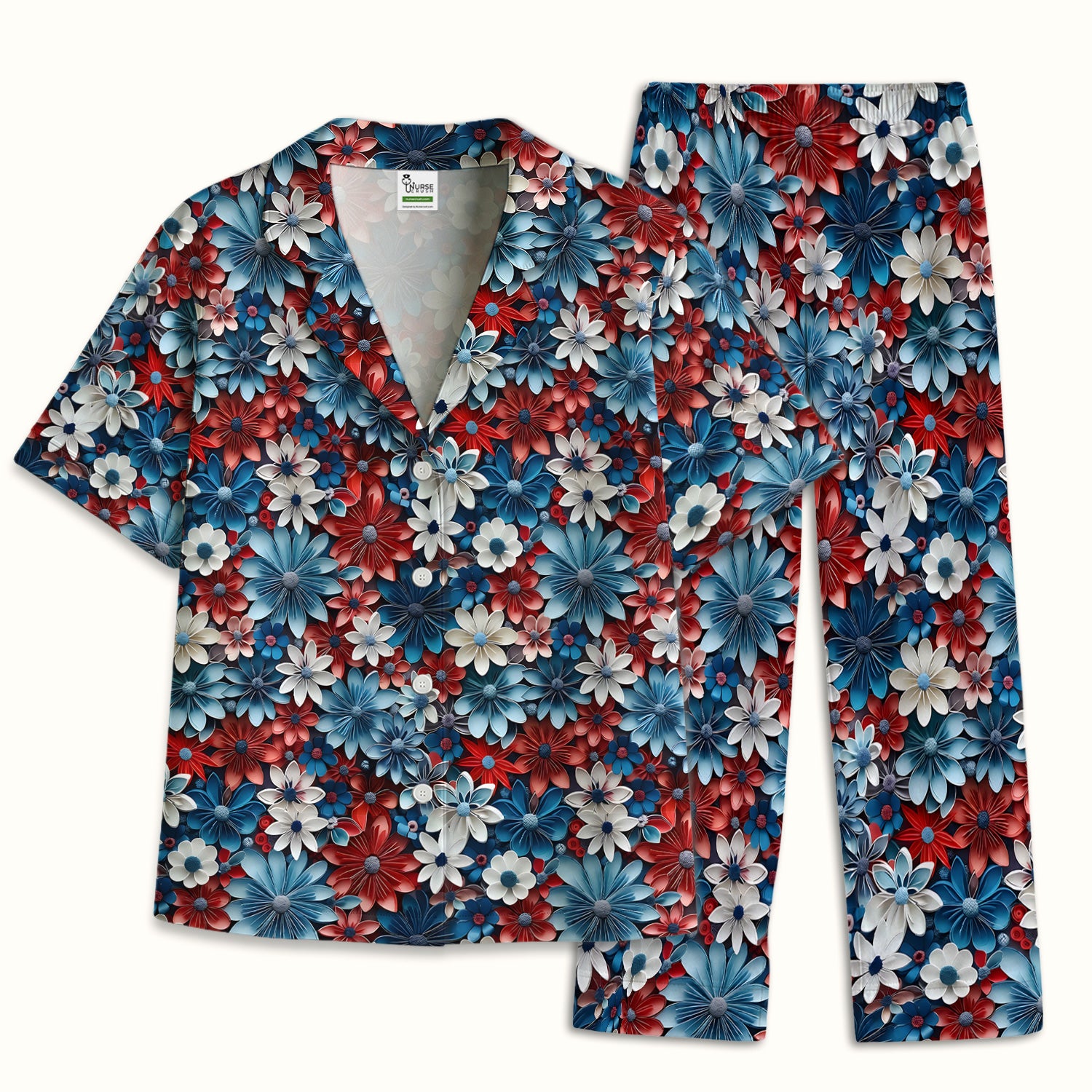 Patriotic 3D Floral Nurse for RN & CNA, Red Blue White Healthcare Workers Uniform Pajama Set, Soft Breathable Fabric Comfortable Sleepwear