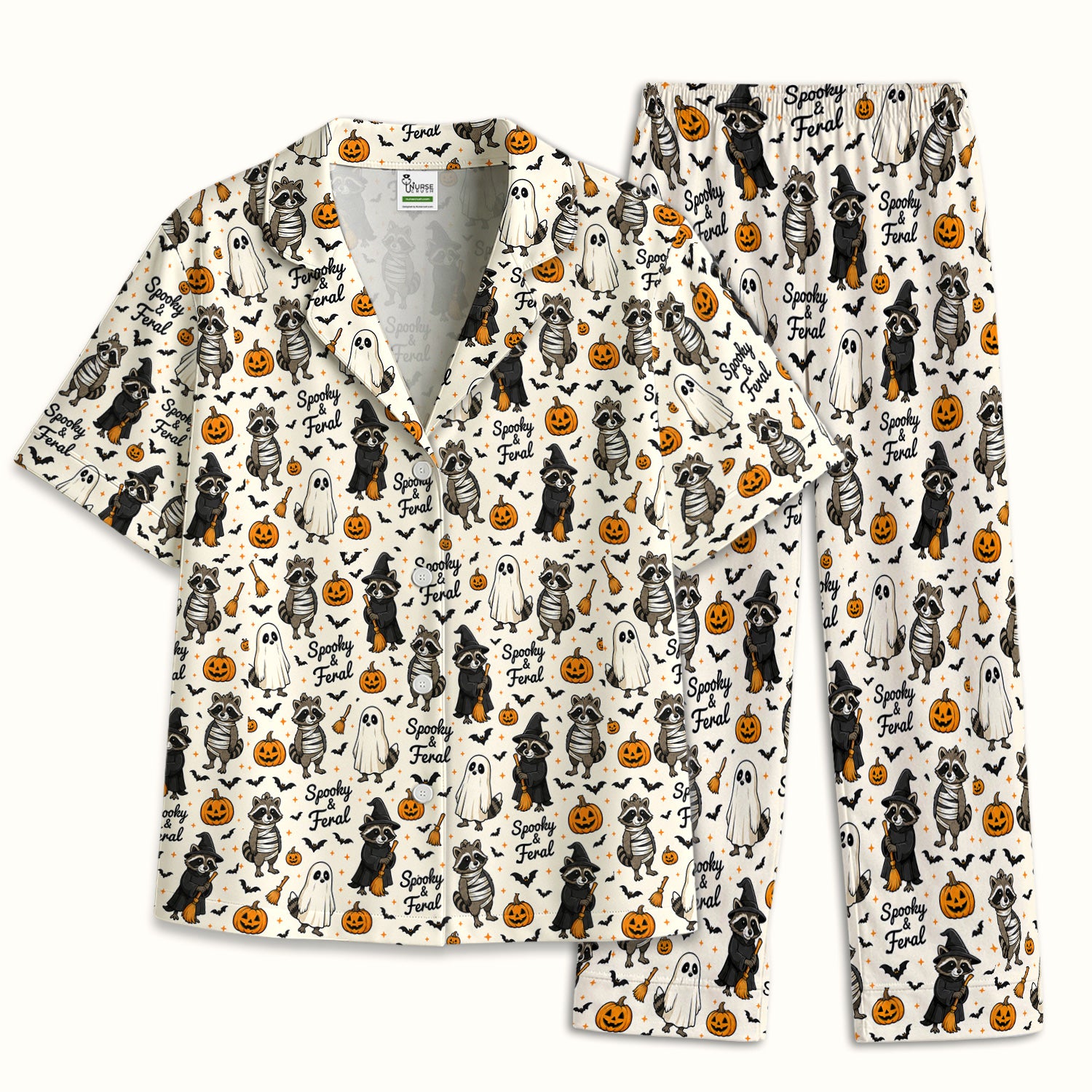 Spooky And Feral Halloween Raccoon Pajama Set, Soft Breathable Fabric Comfortable Sleepwear