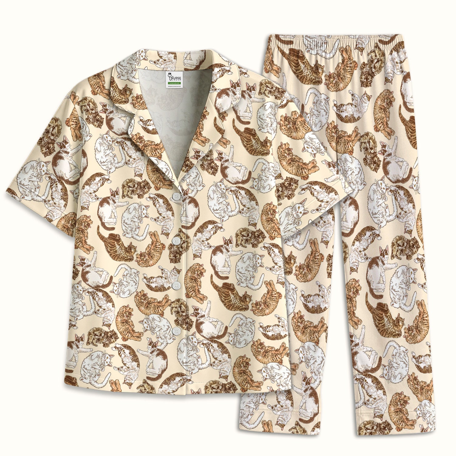 Cute Lazy Cat Nap Pattern Pajama Set,  Breathable Fabrics Uniform