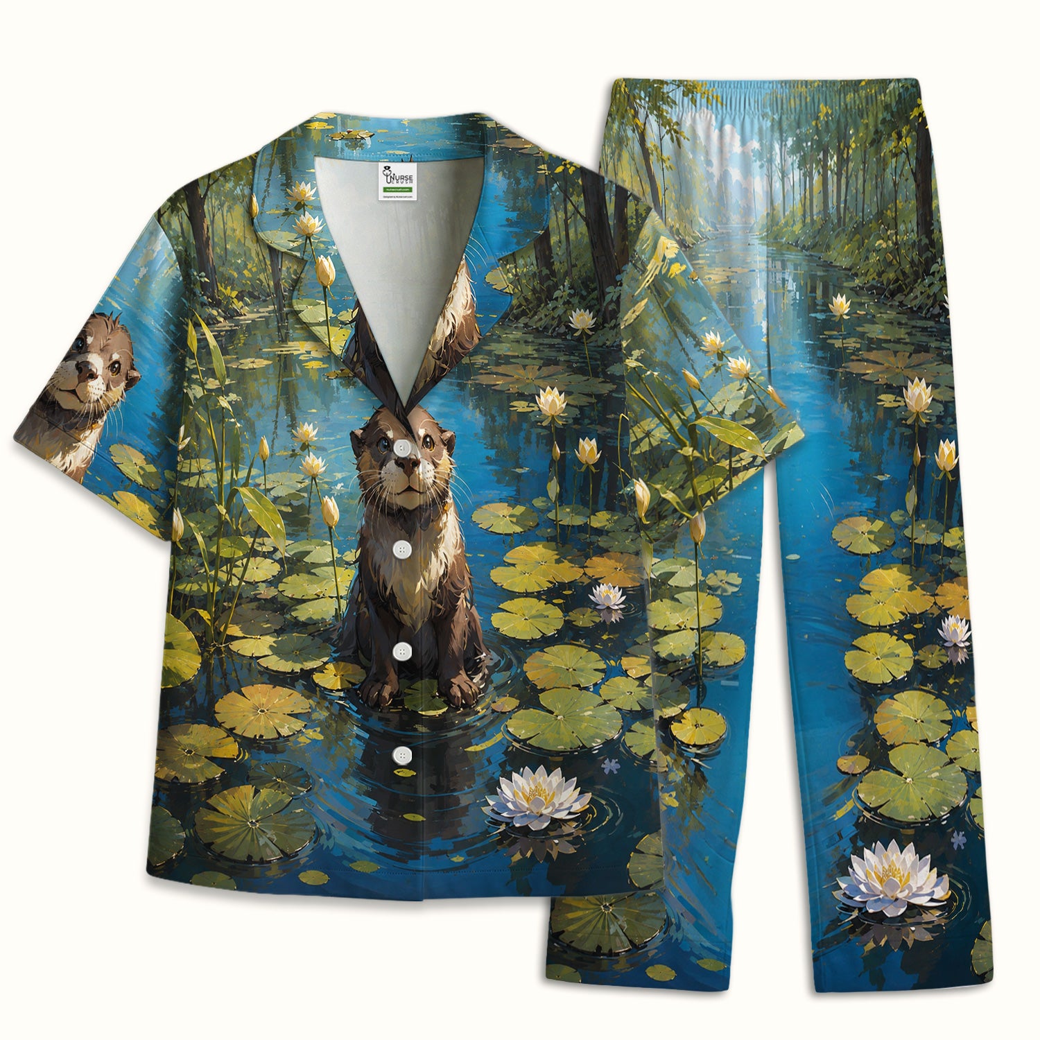 Cute Otter Pond Pattern Pajama Set, Soft Breathable Fabric Comfortable Sleepwear