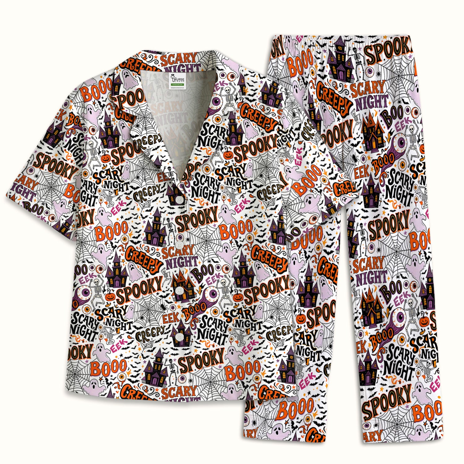 Spooky Halloween Haunted House Typography Pajama Set, Soft Breathable Fabric Comfortable Sleepwear