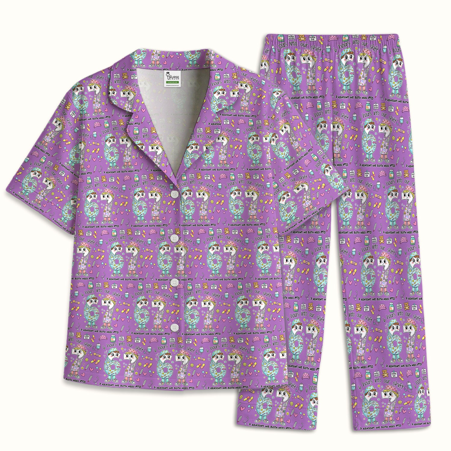 Cartoon Characters Six Hours Into Shift With Medical Doodle Pajama Set, Breathable Fabrics Uniform