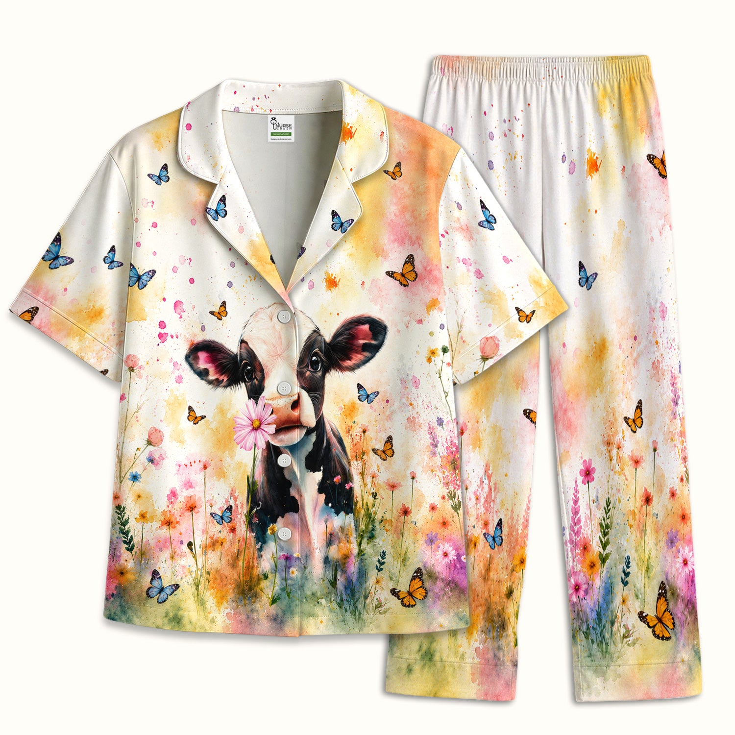 Cute Butterfly Baby Cow Pattern Pajama Set, Soft Breathable Fabric Comfortable Sleepwear