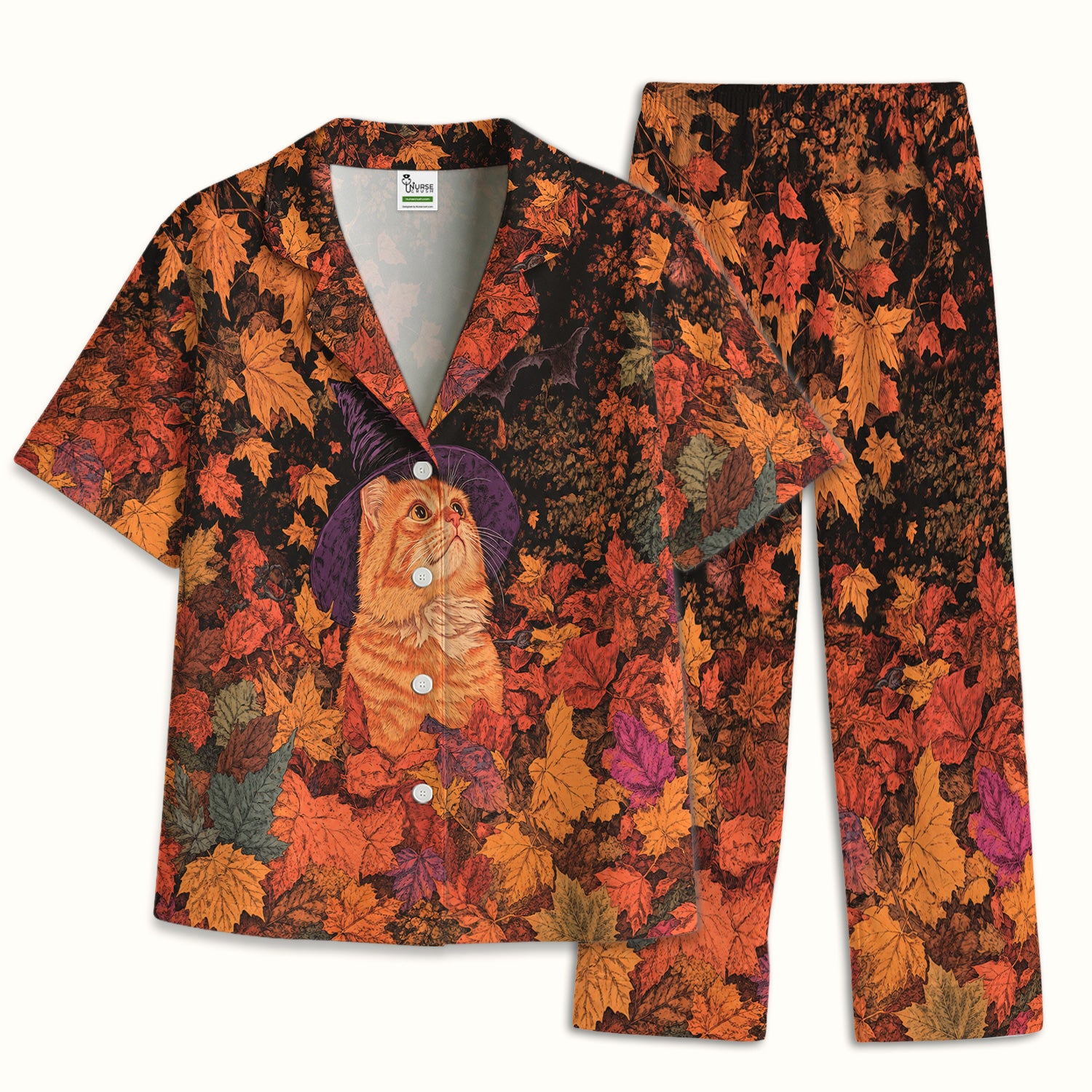 Autumn Cat with Fall Leaves Pajama Set, Soft Breathable Fabric Comfortable Sleepwear
