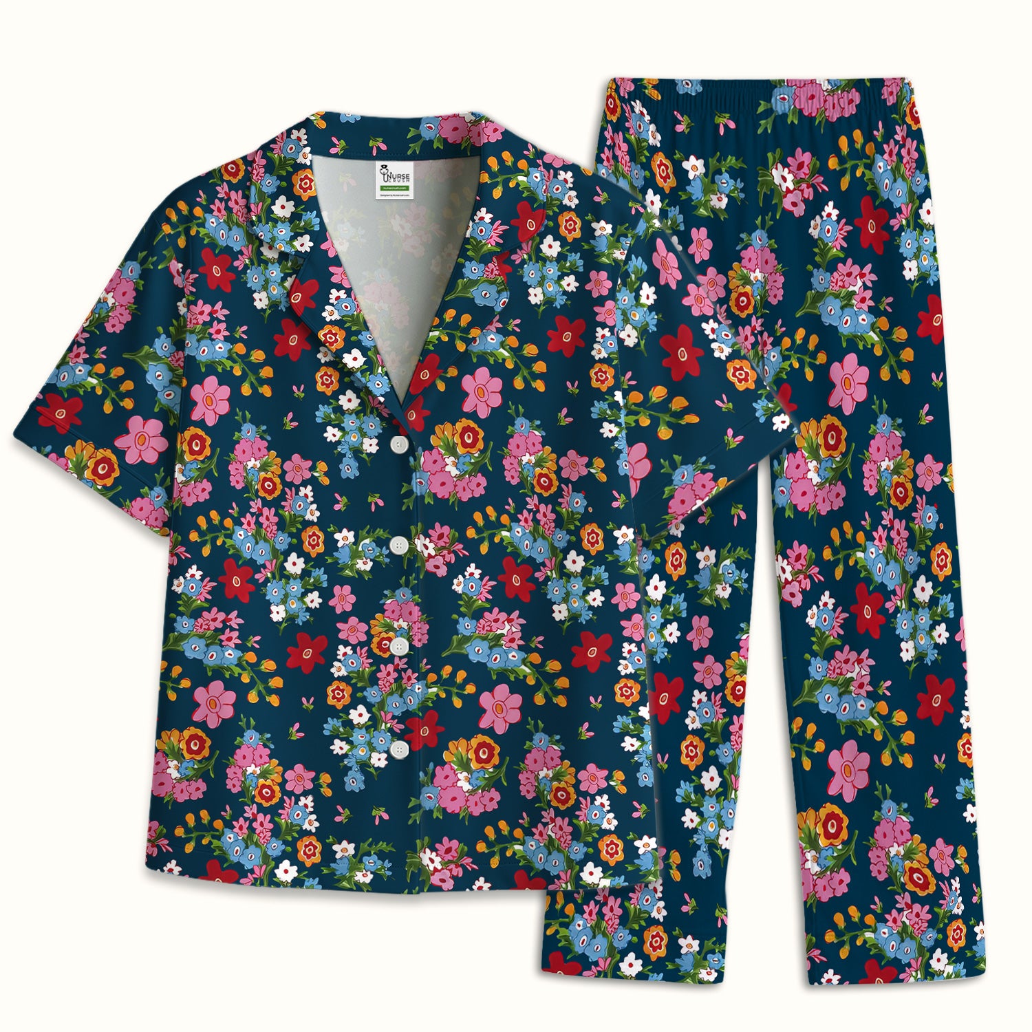 Charming Vintage Floral Bouquet Pattern Pajama Set, Breathable Fabrics Uniform