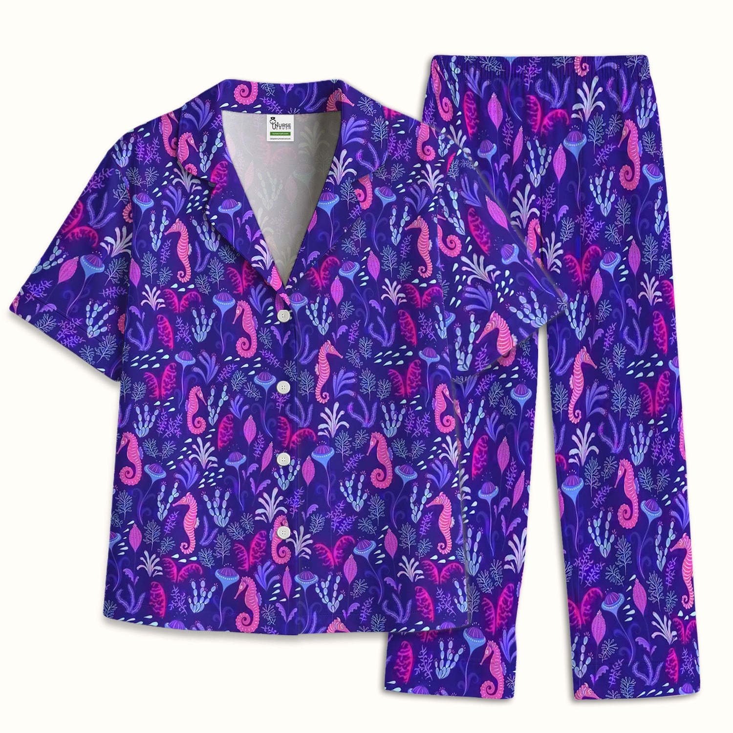 Purple Seahorse Ocean Pattern Pajama Set, Soft Breathable Fabric Comfortable Sleepwear