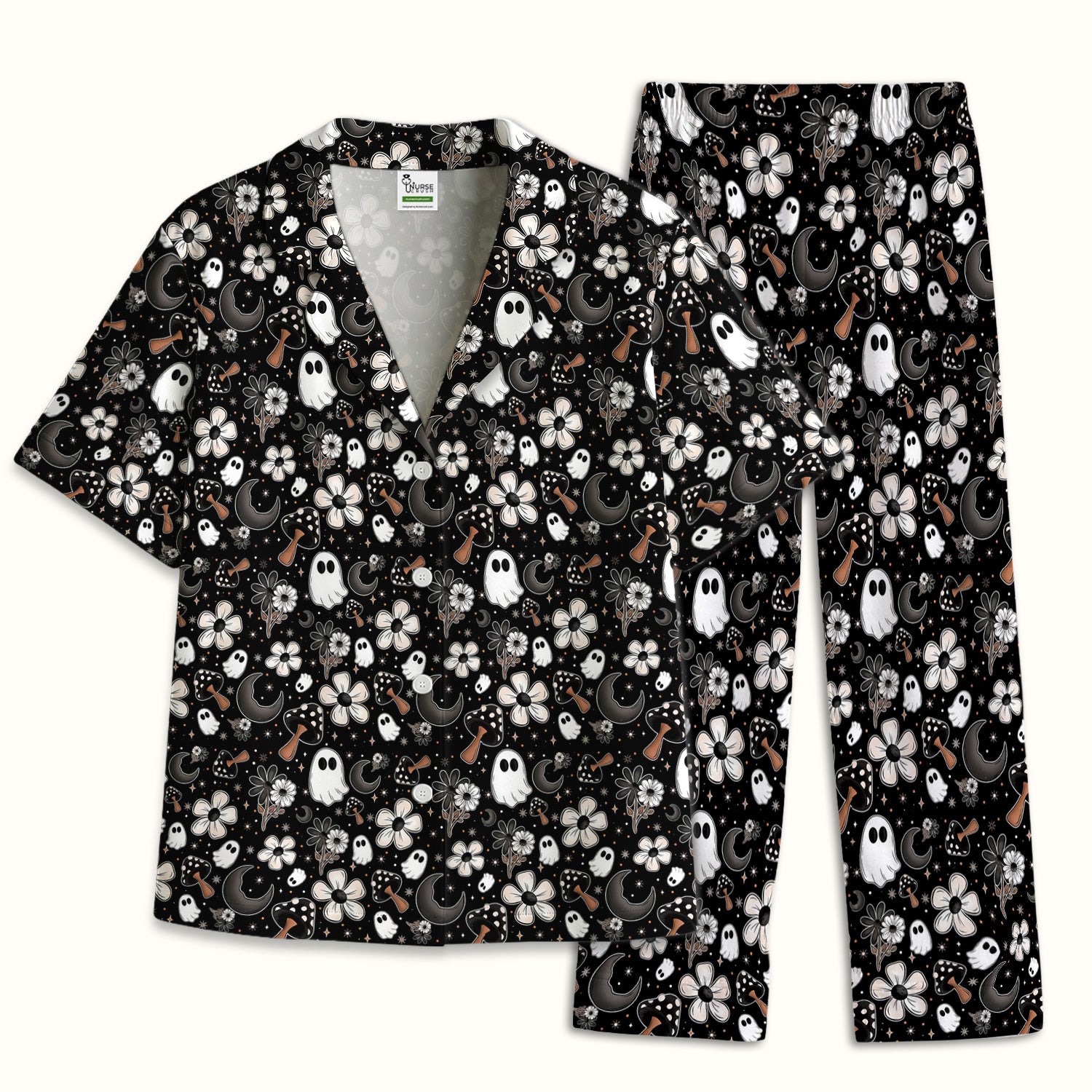 Floral Mushroom Ghost Pattern Pajama Set, Soft Breathable Fabric Comfortable Sleepwear