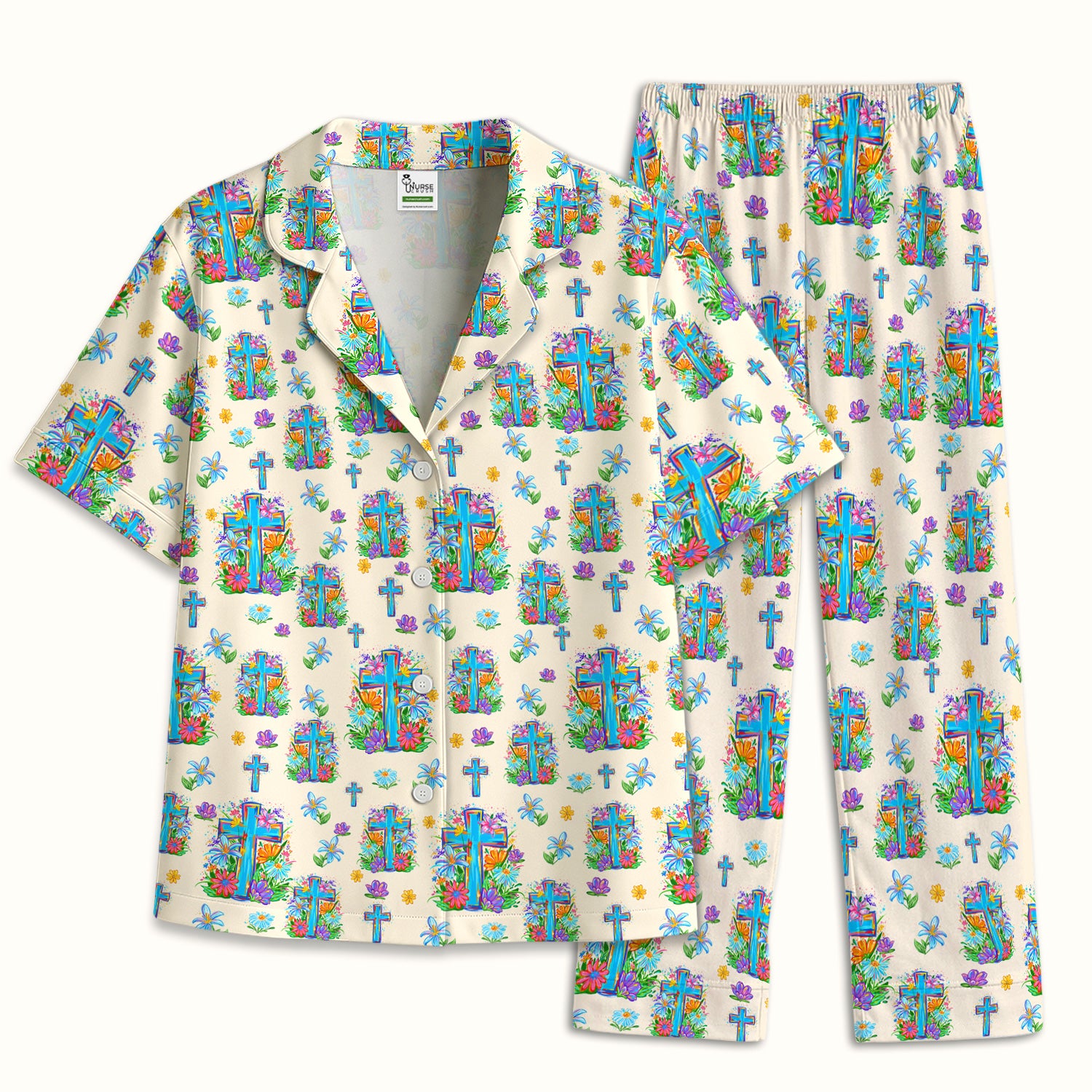 Christian Floral Cross Spring Pattern Pajama Set, Breathable Fabrics Uniform