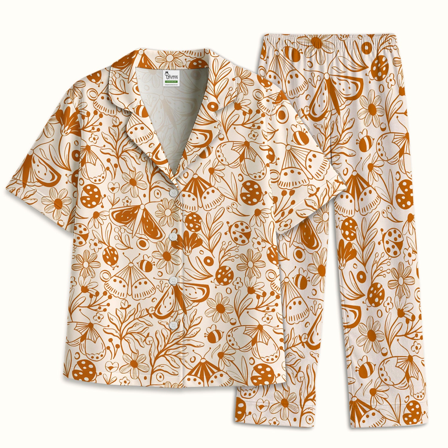 Butterfly Ladybug Floral Garden Pattern Pajama Set, Soft Breathable Fabric Comfortable Sleepwear