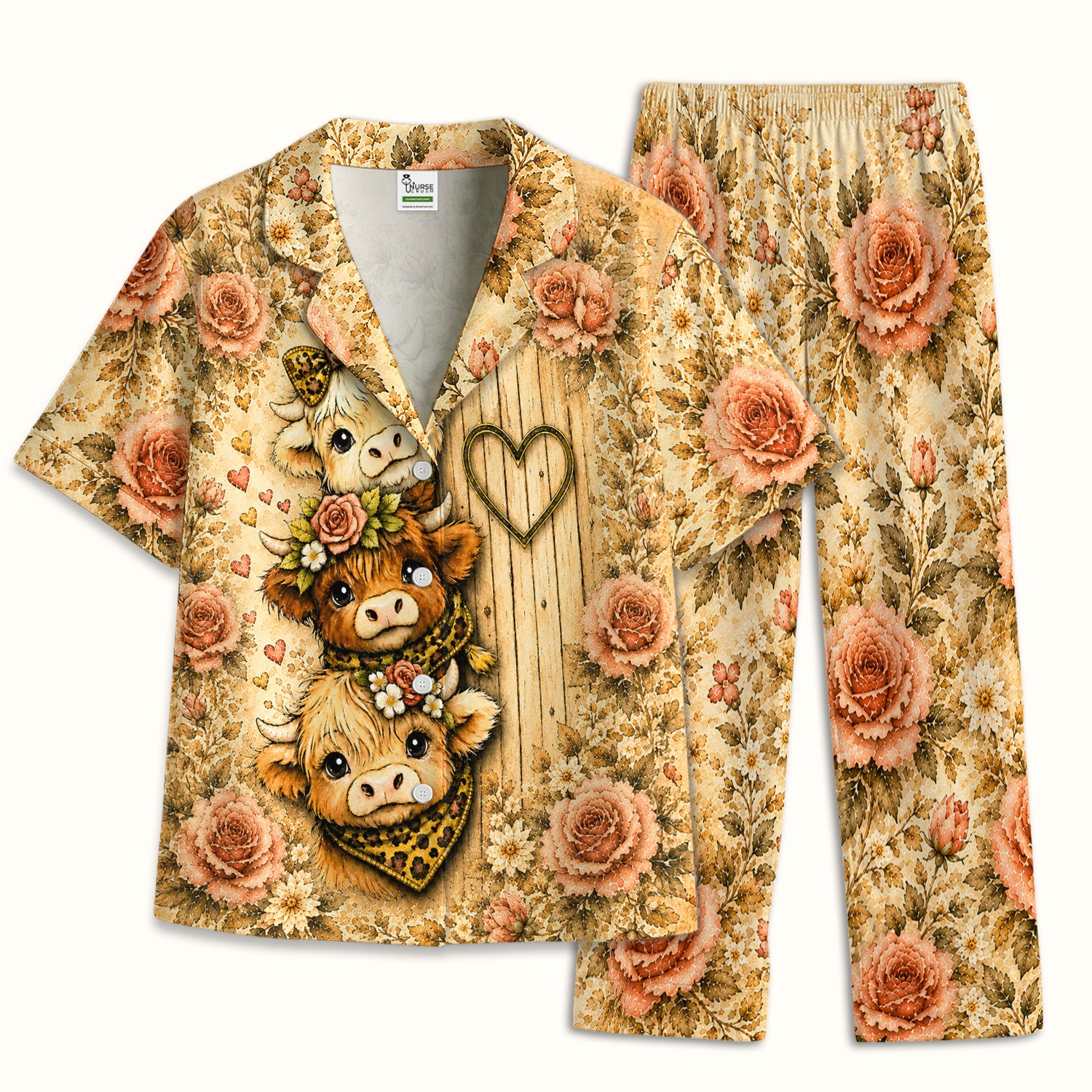 Highland Cow with Floral Farmhouse Pajama Set, Soft Breathable Fabric Comfortable Sleepwear
