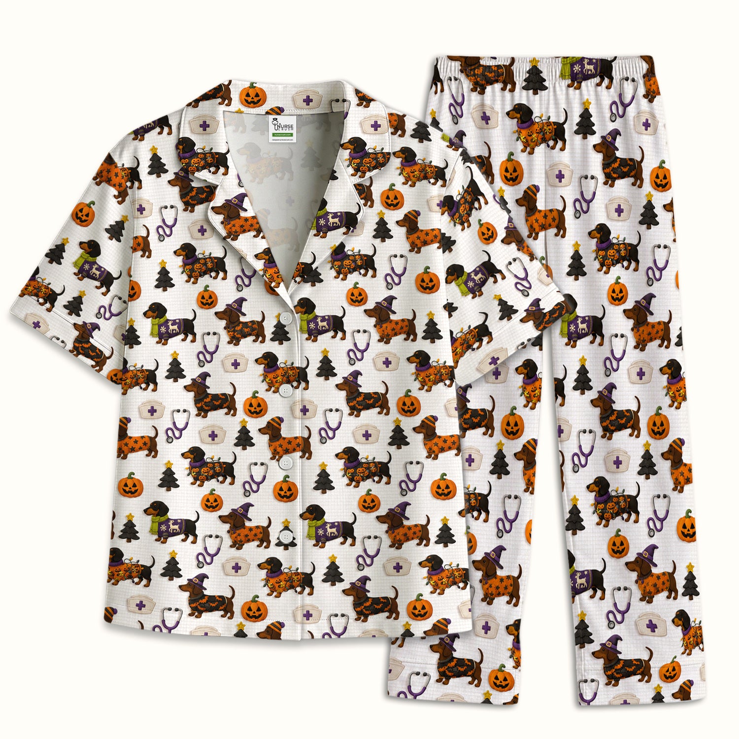 Halloween Dachshund with Pumpkin Stethoscope Print Pajama Set, Soft Breathable Fabric Comfortable Sleepwear