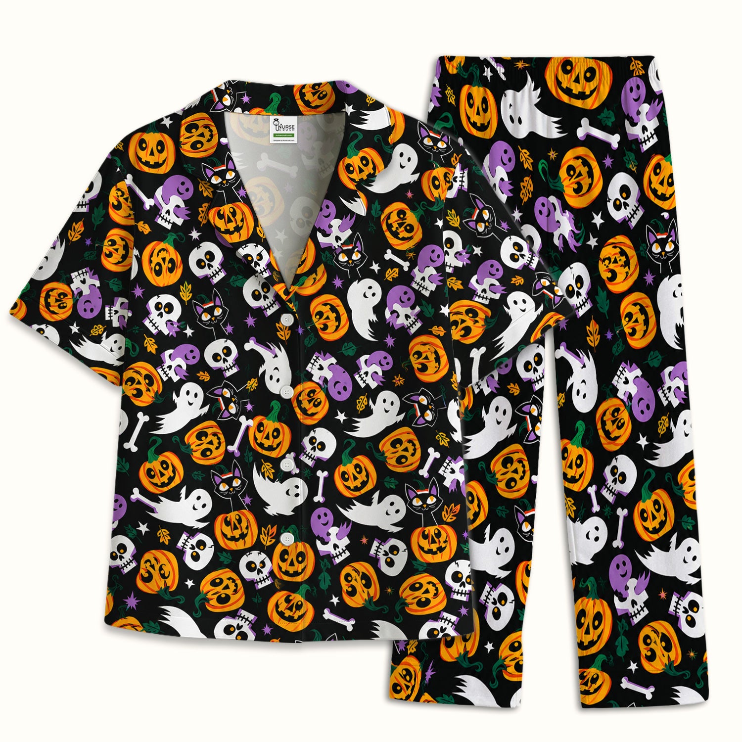 Spooky Pumpkin Ghost Print Pajama Set, Soft Breathable Fabric Comfortable Sleepwear