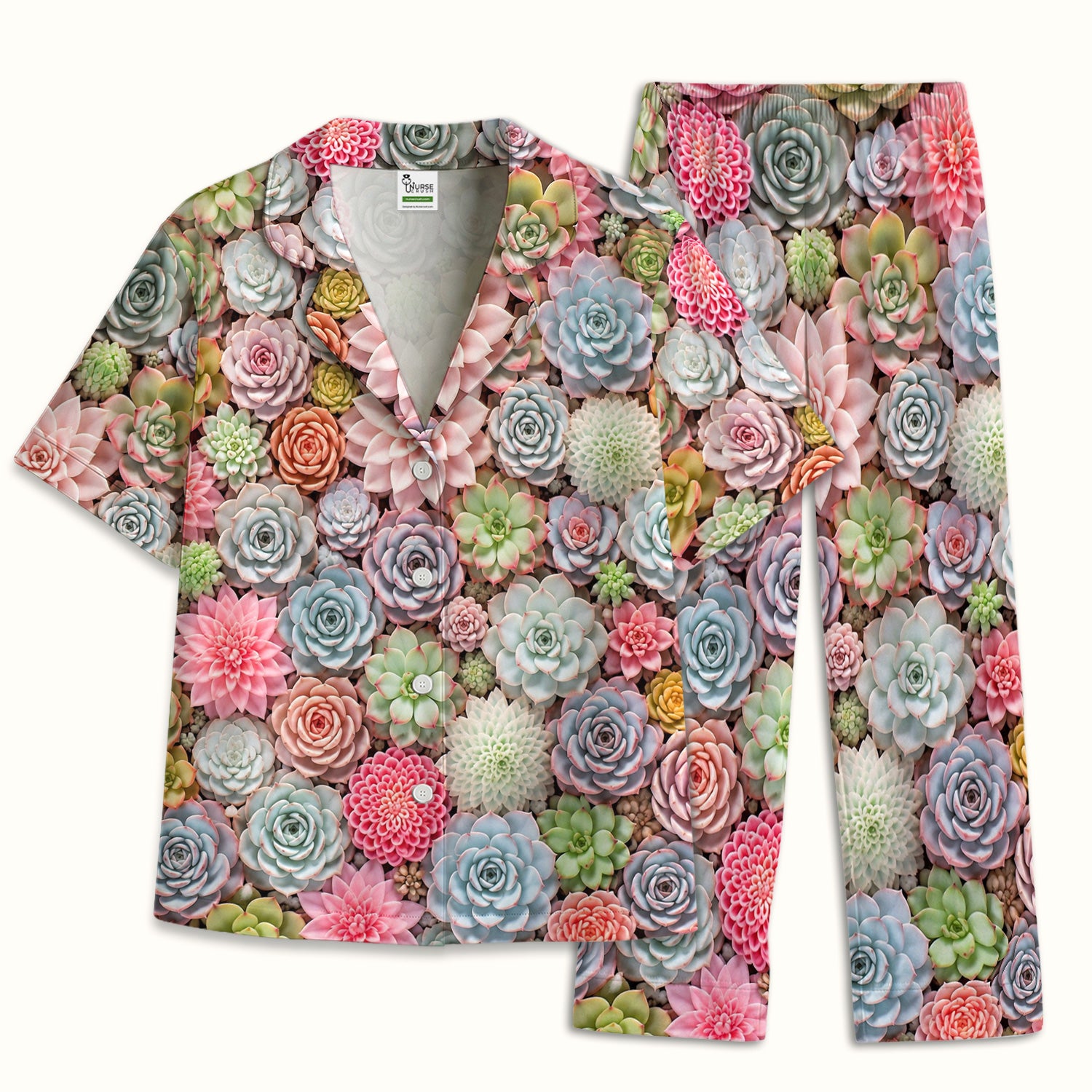 Cute Pastel Succulent Blossom Pattern Pajama Set, Soft Breathable Fabric Comfortable Sleepwear