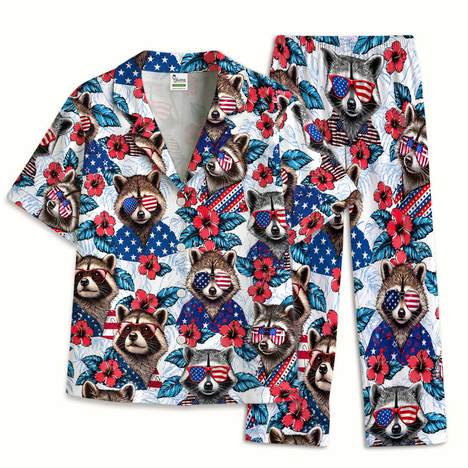 Funny Patriotic Raccoon Sunglasses Pattern Pajama Set, Soft Breathable Fabric Comfortable Sleepwear