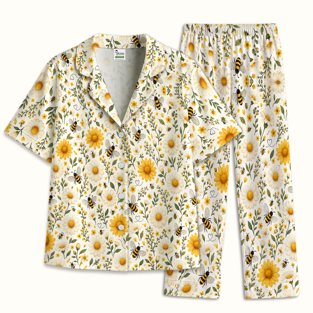 Cute Honey Bee And Daisy Pattern Pajama Set, Soft Breathable Fabric Comfortable Sleepwear