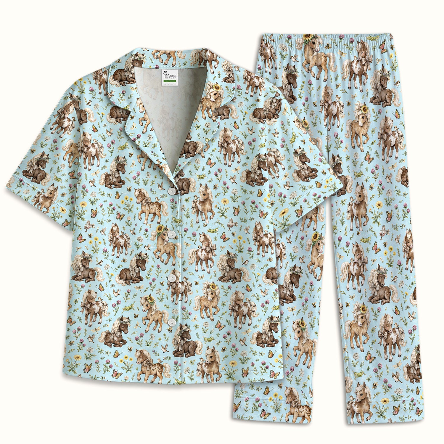 Cute Pony Garden with Butterfly Floral Meadow Print Pajama Set, Soft Breathable Fabric Comfortable Sleepwear