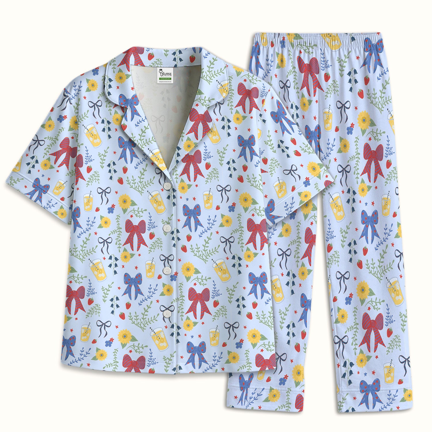 Sweet Summer Bow Nurse, Lemonade Floral Medical Pajama Set, Soft Breathable Fabric Comfortable Sleepwear