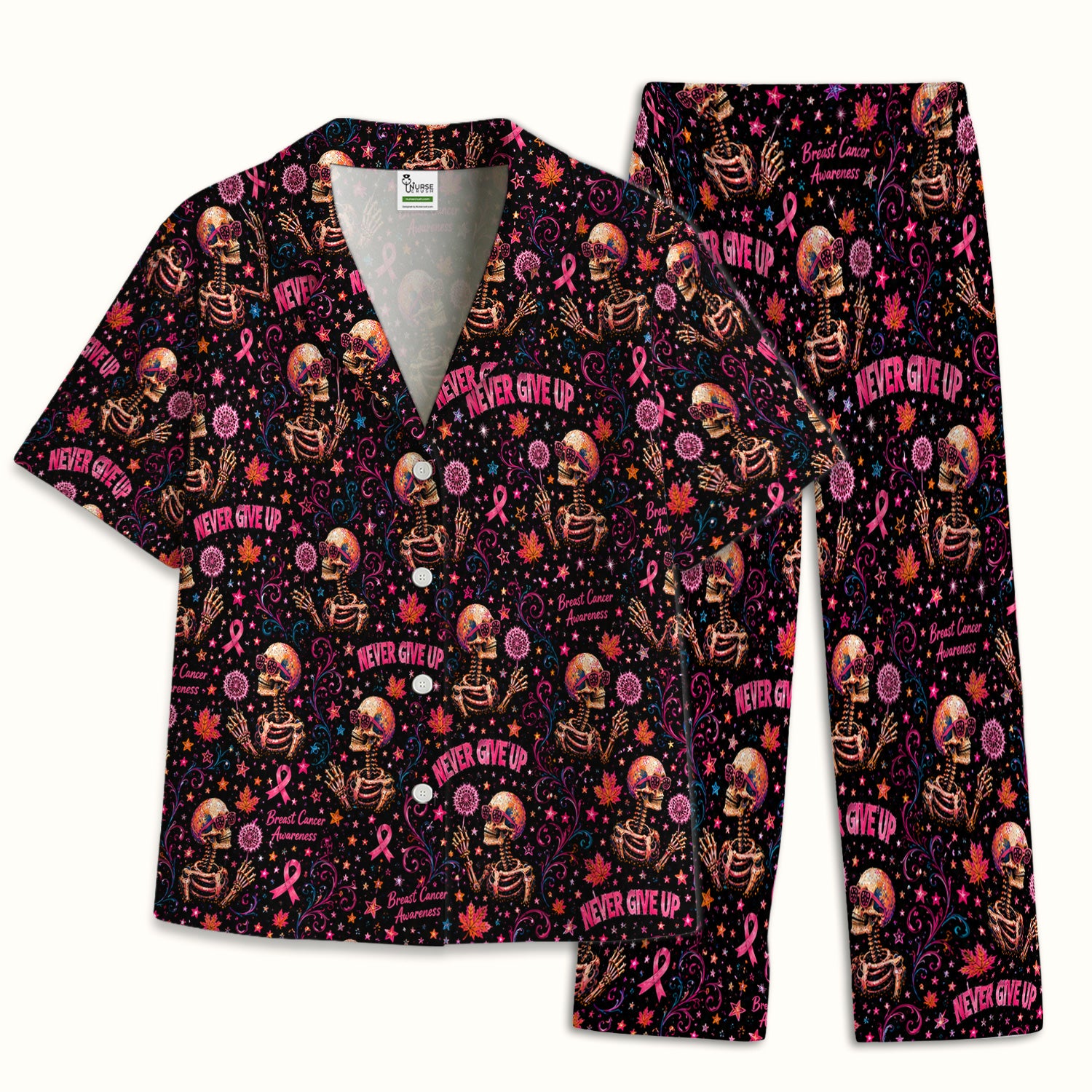 Breast Cancer Awareness Skeletons Pattern Pajama Set, Soft Breathable Fabric Comfortable Sleepwear