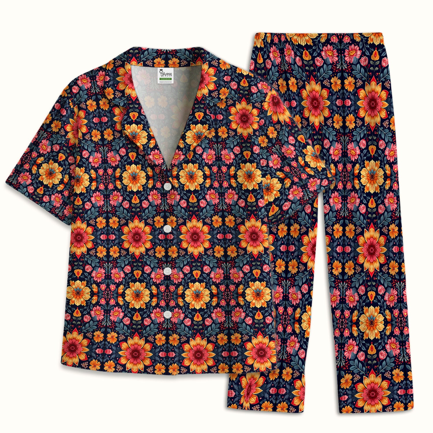 Elegant Dark Floral Pattern Pajama Set, Soft Breathable Fabric Comfortable Sleepwear