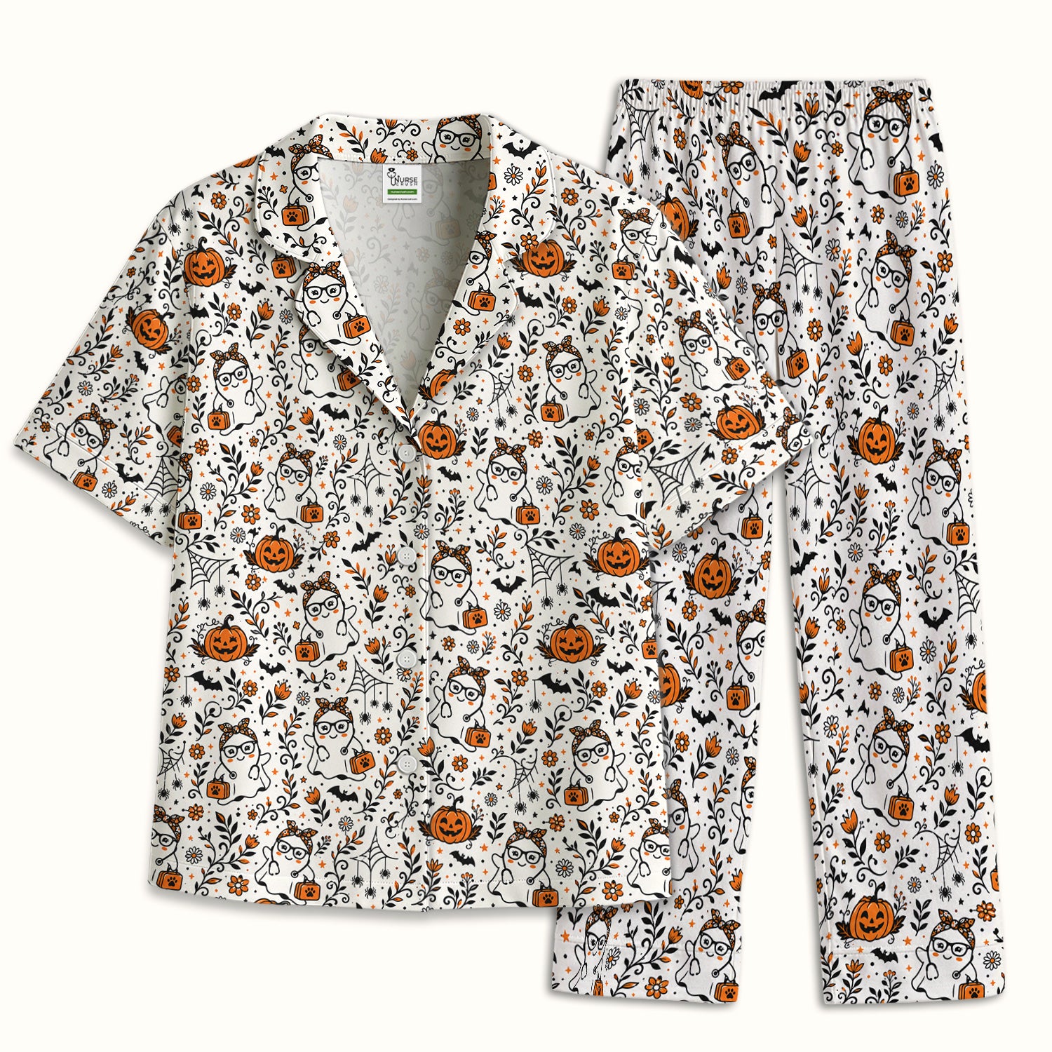 Cute Halloween Nurse Ghost And Pumpkins Pajama Set, Soft Breathable Fabric Comfortable Sleepwear