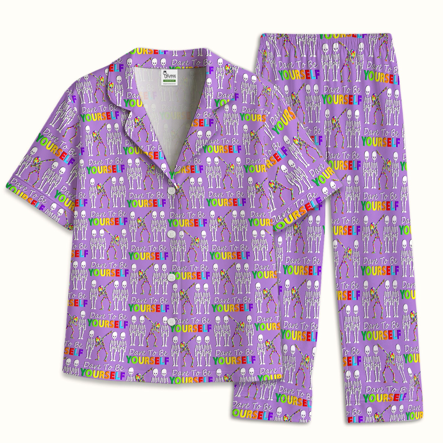 Rainbow Skeleton Dare To Be Yourself Pattern Pajama Set, Breathable Fabrics Uniform