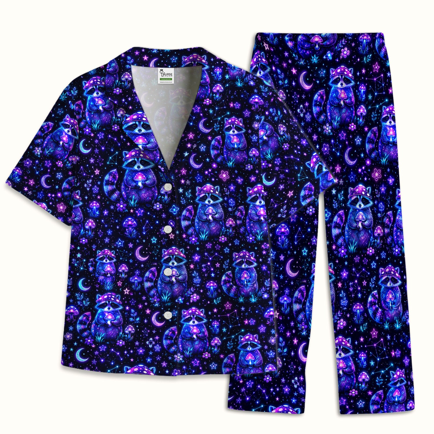 Neon Mushroom Raccoon Nurse Pattern Pajama Set, Soft Breathable Fabric Comfortable Sleepwear