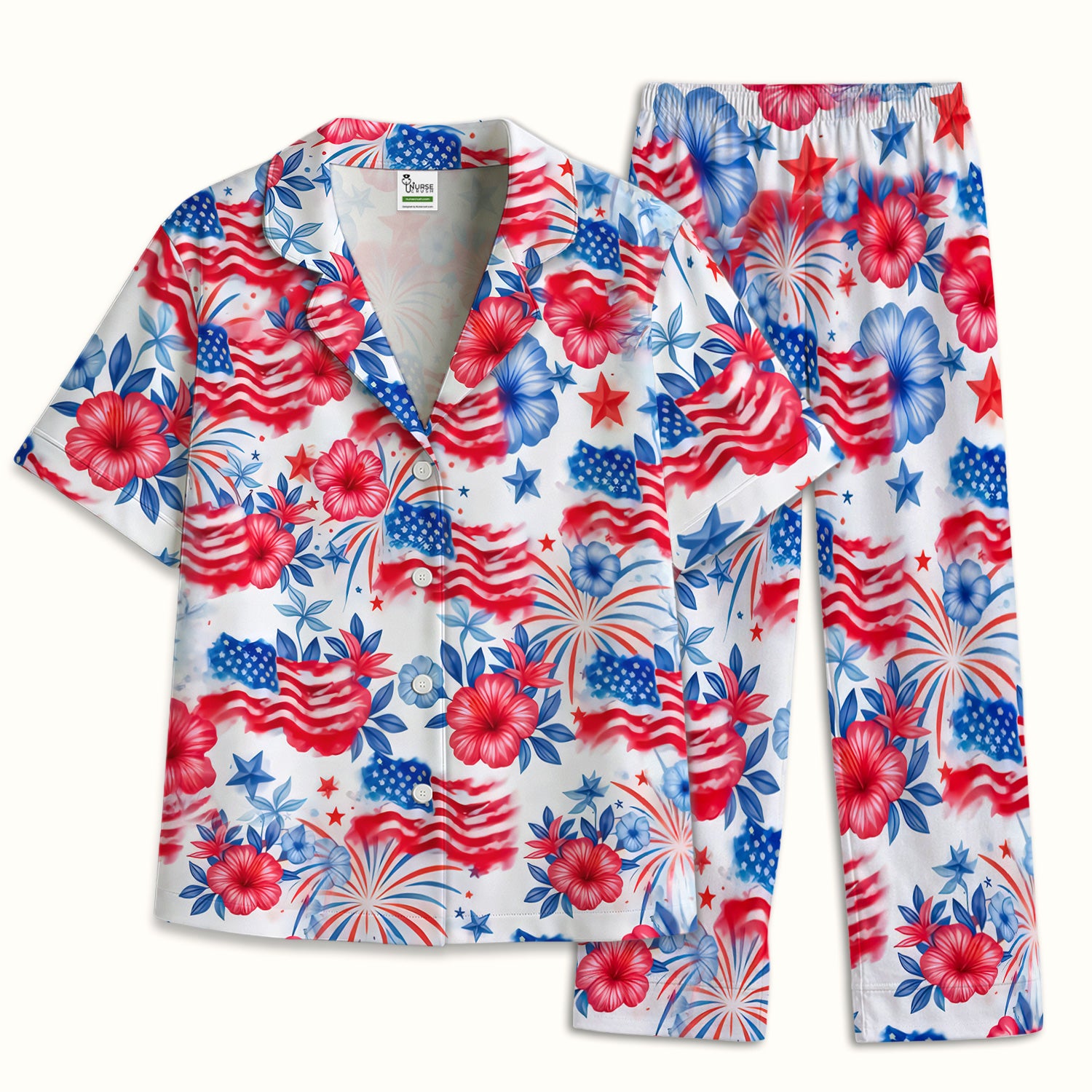 Patriotic American Flag Floral Pattern Pajama Set, Soft Breathable Fabric Comfortable Sleepwear