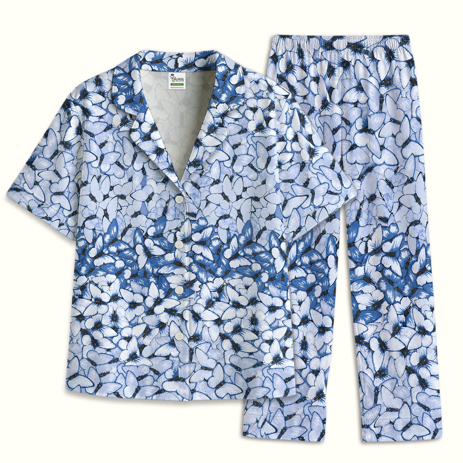 Blue Butterfly Floral Pattern Pajama Set, Soft Breathable Fabric Comfortable Sleepwear