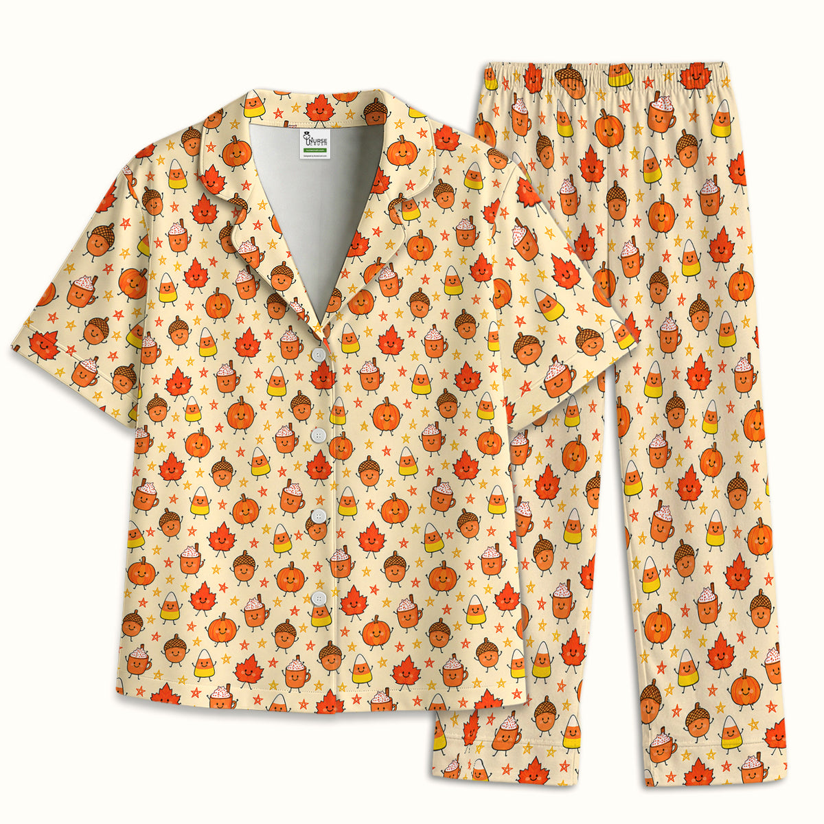 Cute Fall Pumpkin Spice Doodles Pajama Set, Soft Breathable Fabric Comfortable Sleepwear