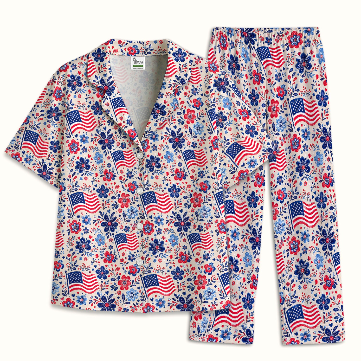 Patriotic Flag Floral Nurse Pattern Pajama Set, Soft Breathable Fabric Comfortable Sleepwear