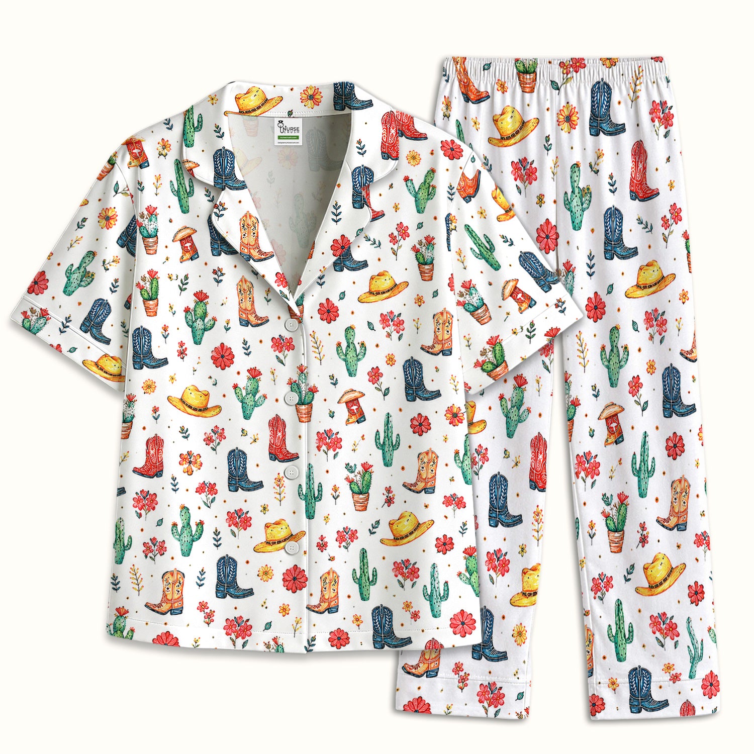 Whimsical Western Cactus Boots Pattern Pajama Set, Soft Breathable Fabric Comfortable Sleepwear