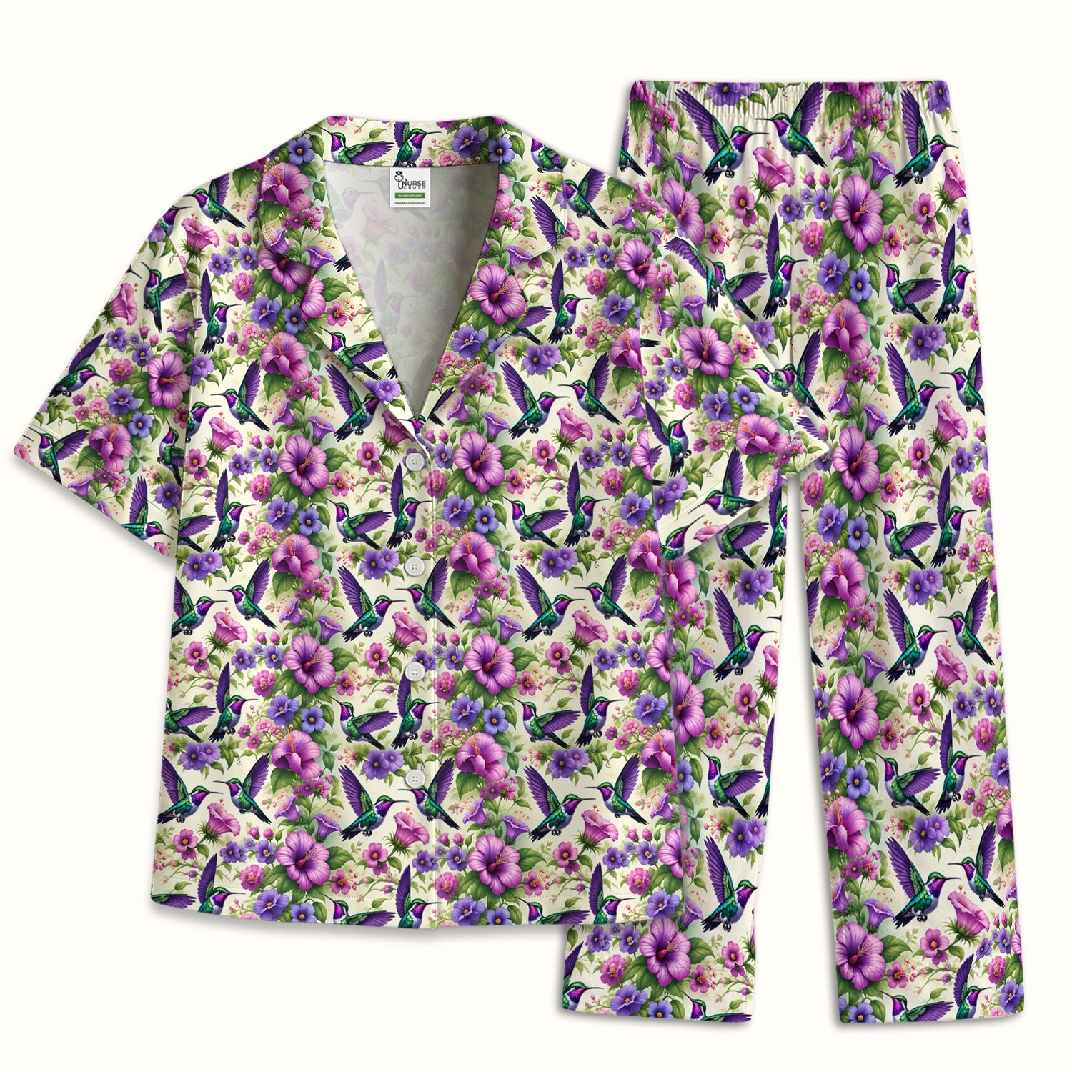 Purple Hummingbird Hibiscus Floral Pattern Pajama Set, Soft Breathable Fabric Comfortable Sleepwear