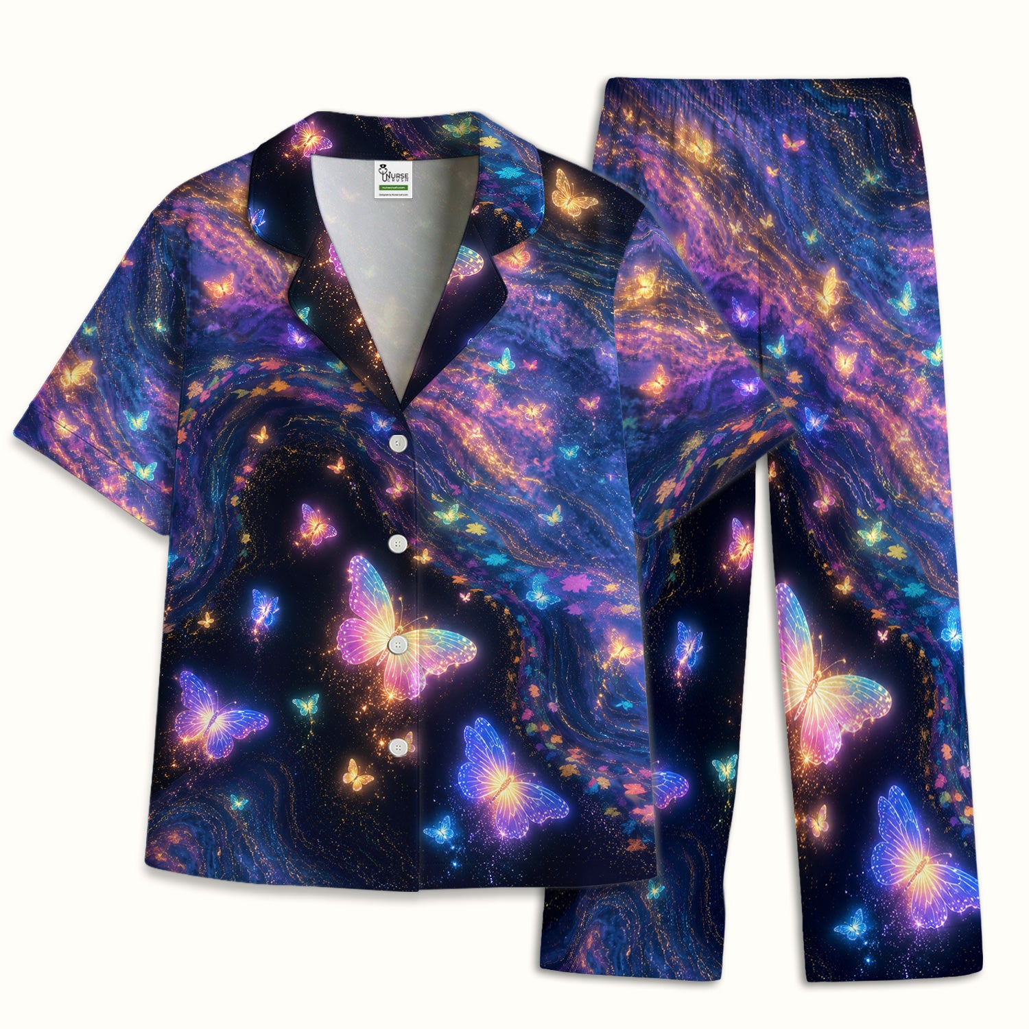 Neon Butterfly Galaxy Marble Print Pajama Set, Soft Breathable Fabric Comfortable Sleepwear