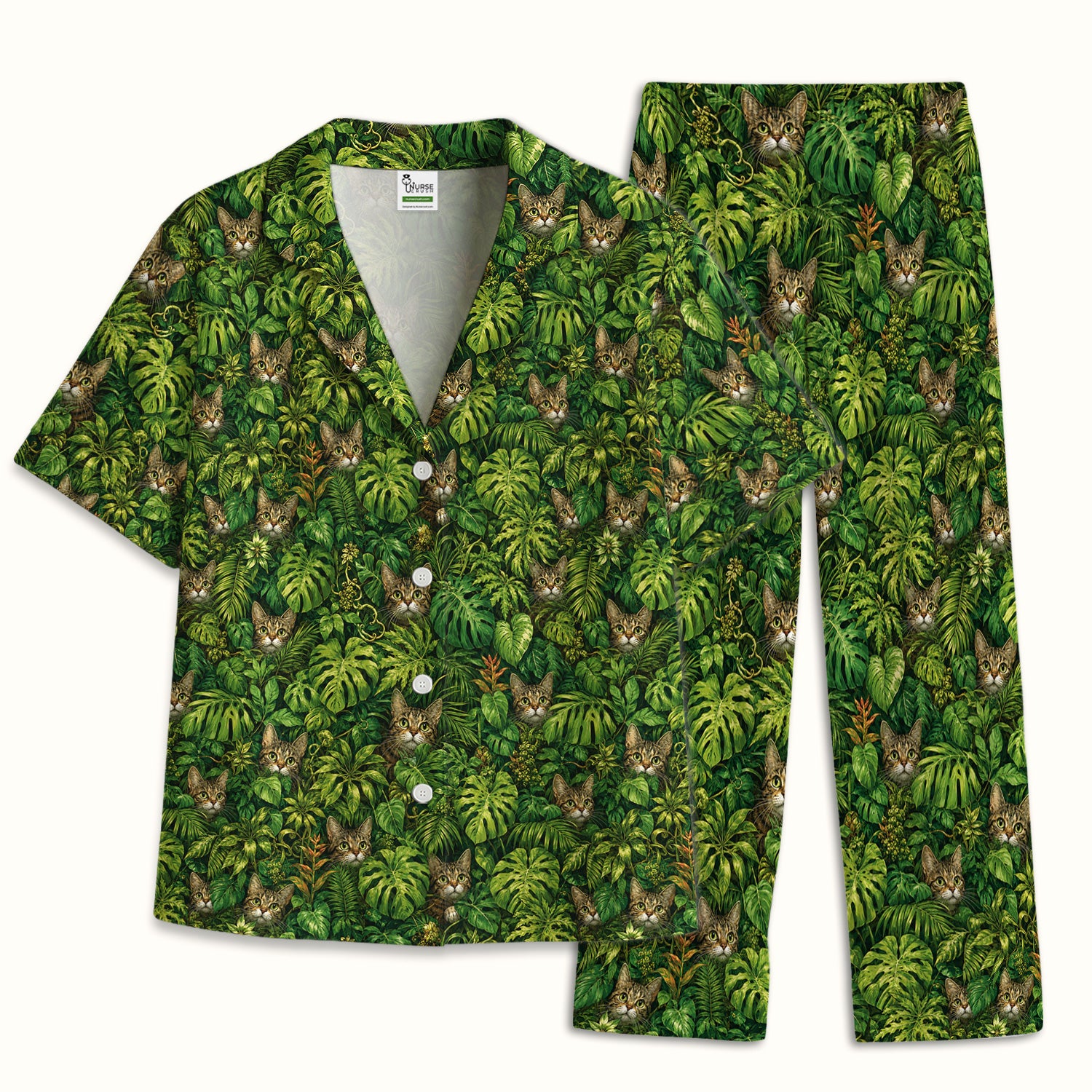 Hidden Jungle Cat Veterinary Nurse Pattern Pajama Set, Soft Breathable Fabric Comfortable Sleepwear