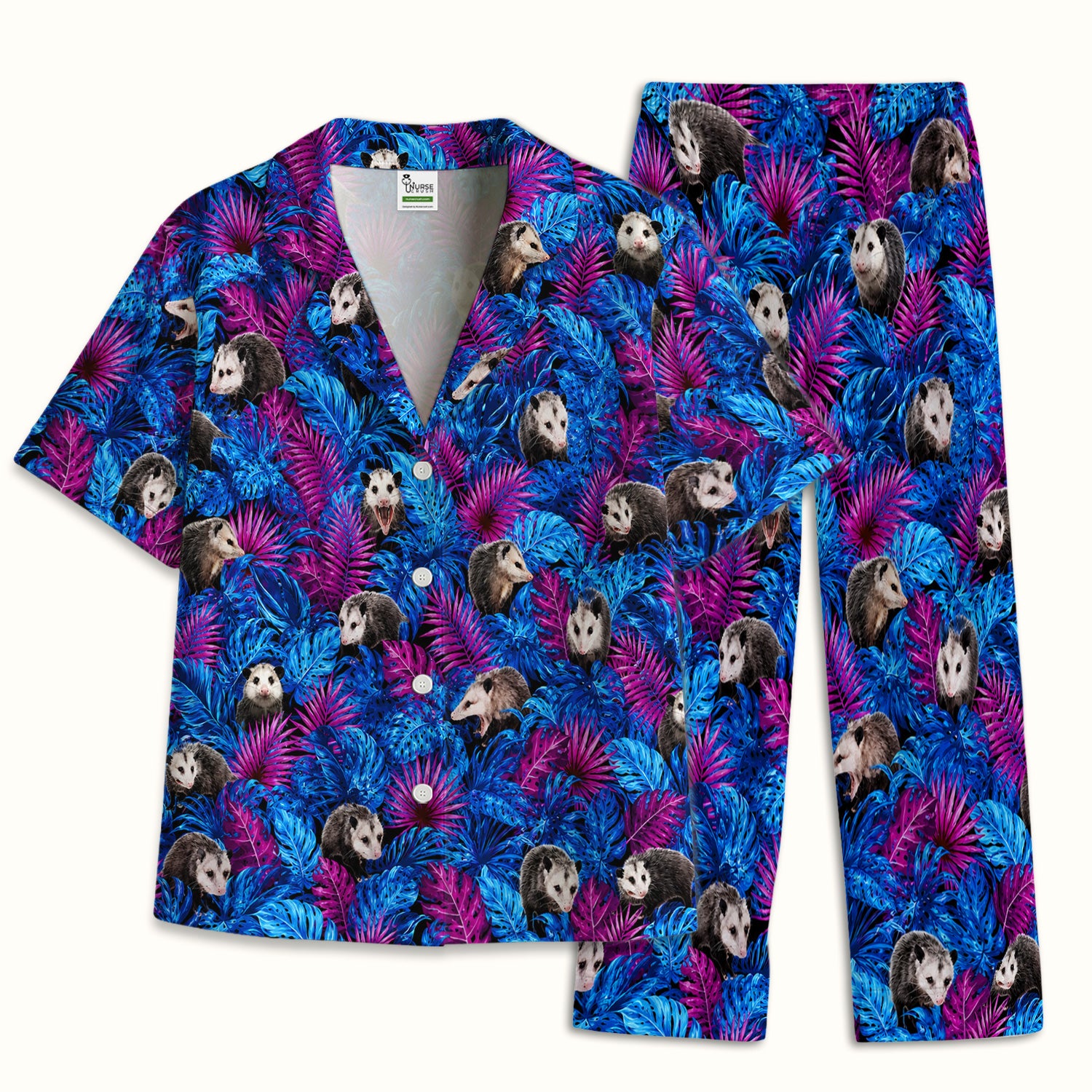 Cute Opossum Tropical Print Pajama Set, Soft Breathable Fabric Comfortable Sleepwear