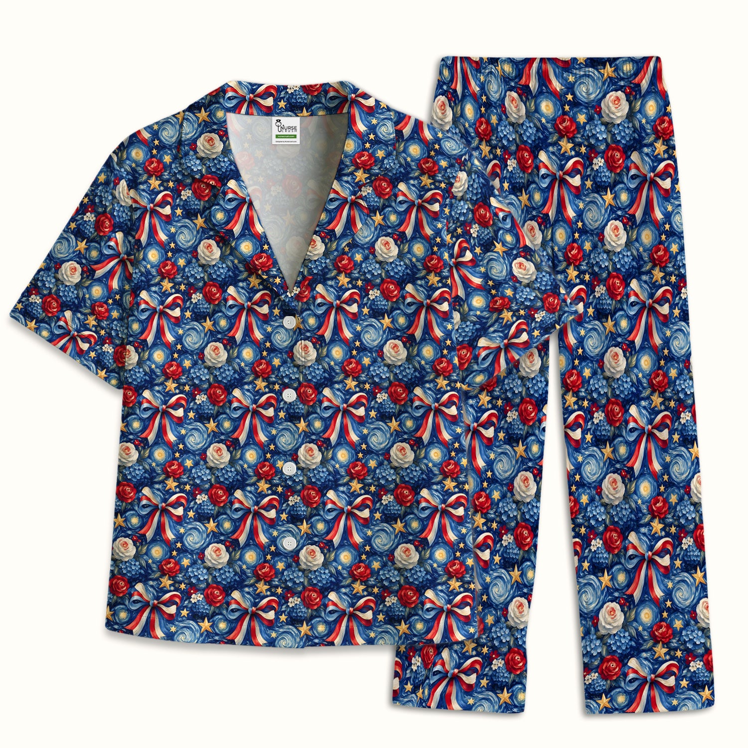 Patriotic Starry Bow Nurse for RN, CNA, Healthcare Workers Pajama Set, Soft Breathable Fabric Comfortable Sleepwear