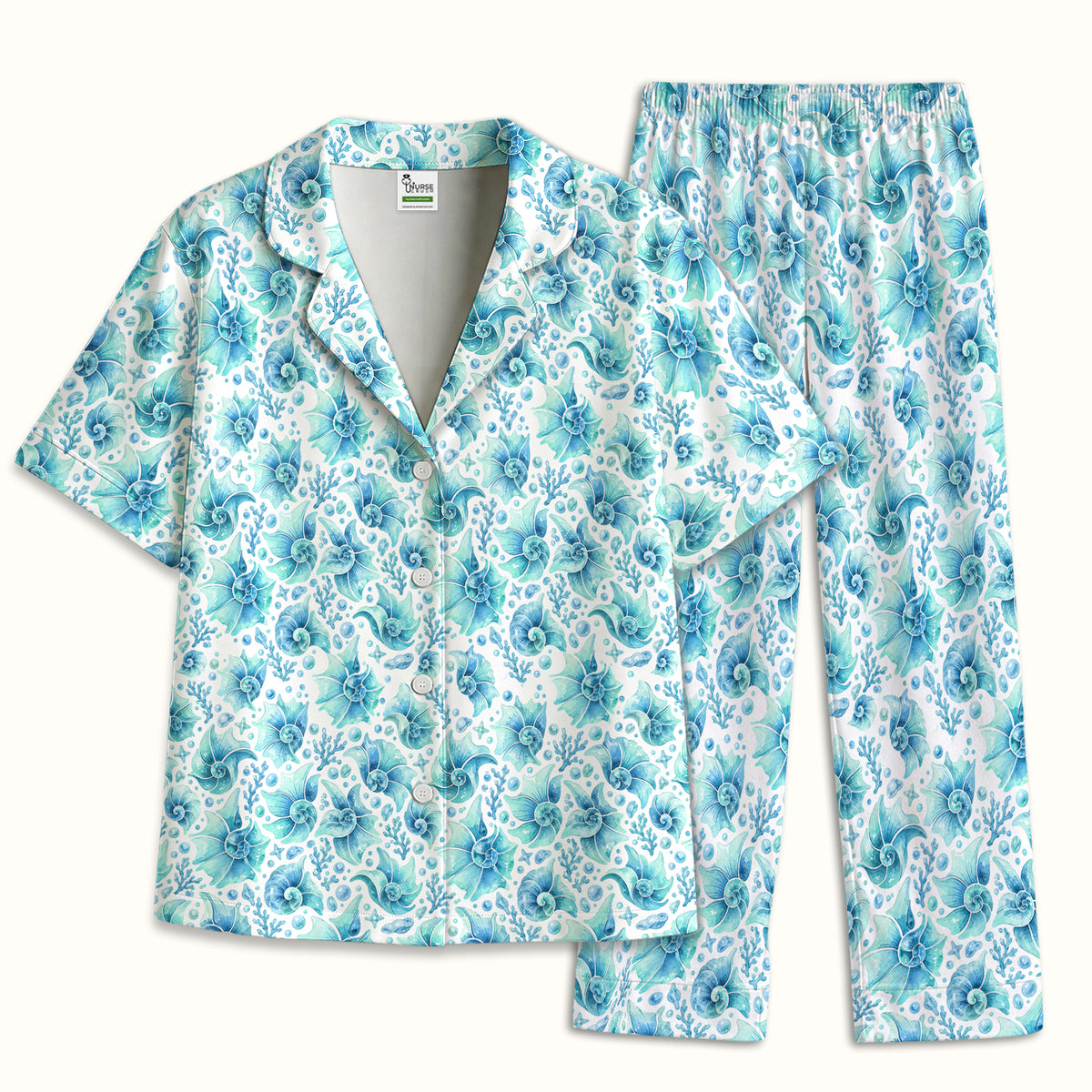 Blue Watercolor Seashell Pattern Pajama Set, Soft Breathable Fabric Comfortable Sleepwear