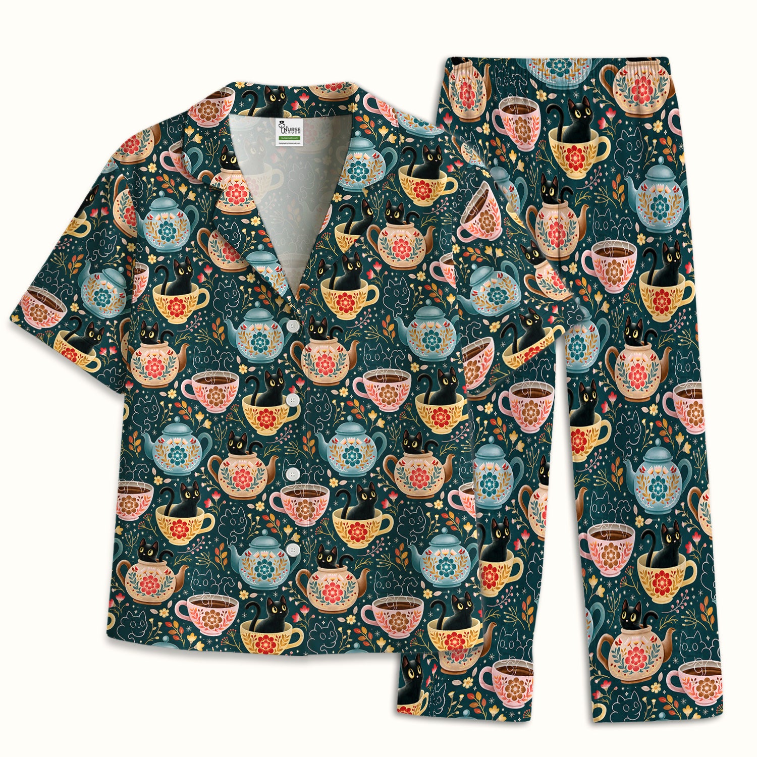 Black Cat Tea Party Veterinary Pattern Pajama Set, Soft Breathable Fabric Comfortable Sleepwear