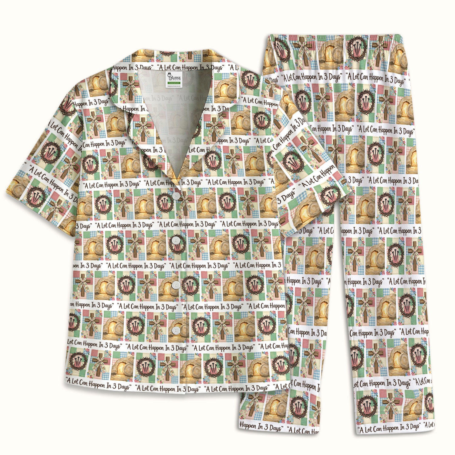 Christian Easter Cross Print Pajama Set, Breathable Fabrics Uniform