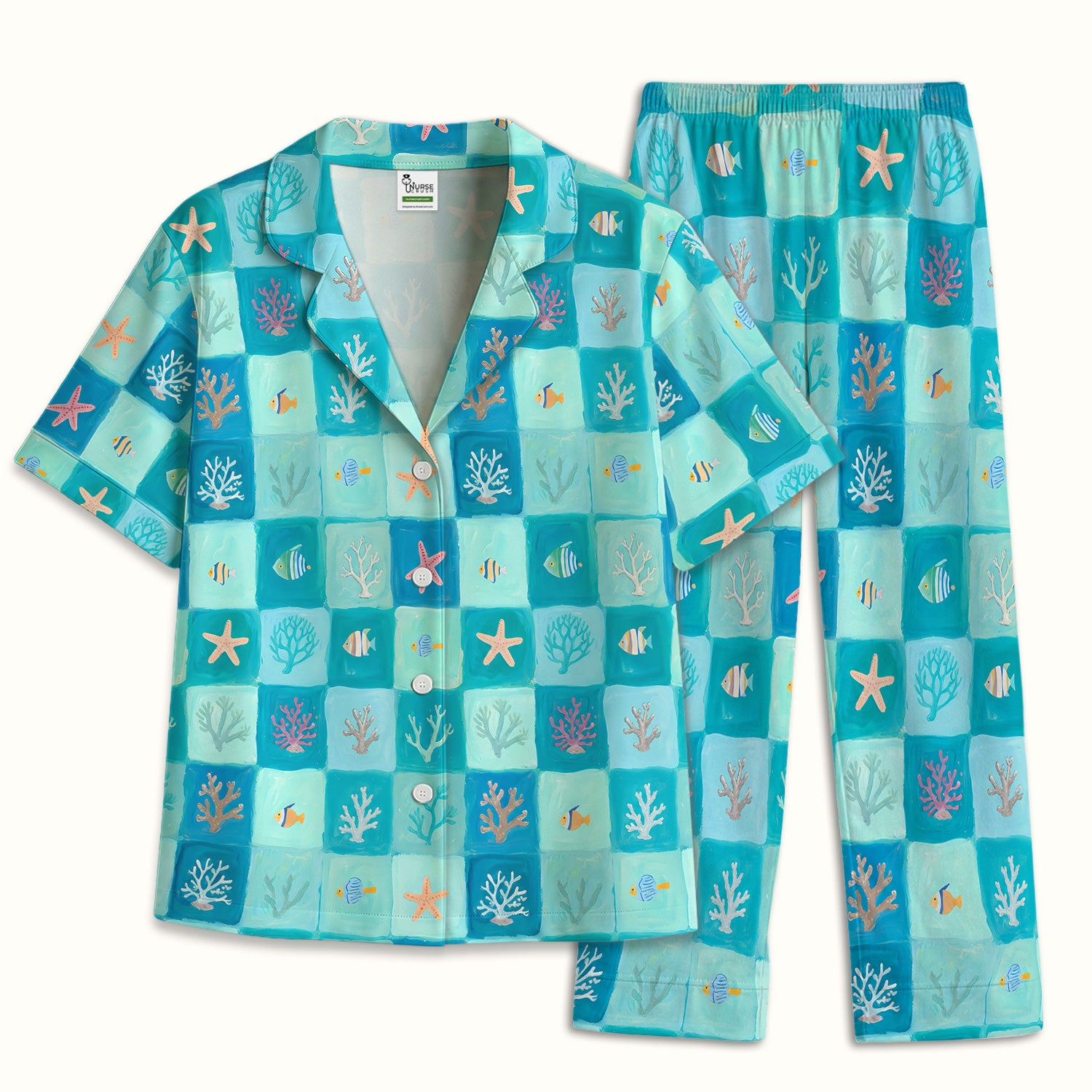 Ocean Coral Fish Starfish Checkered Pattern Pajama Set, Soft Breathable Fabric Comfortable Sleepwear