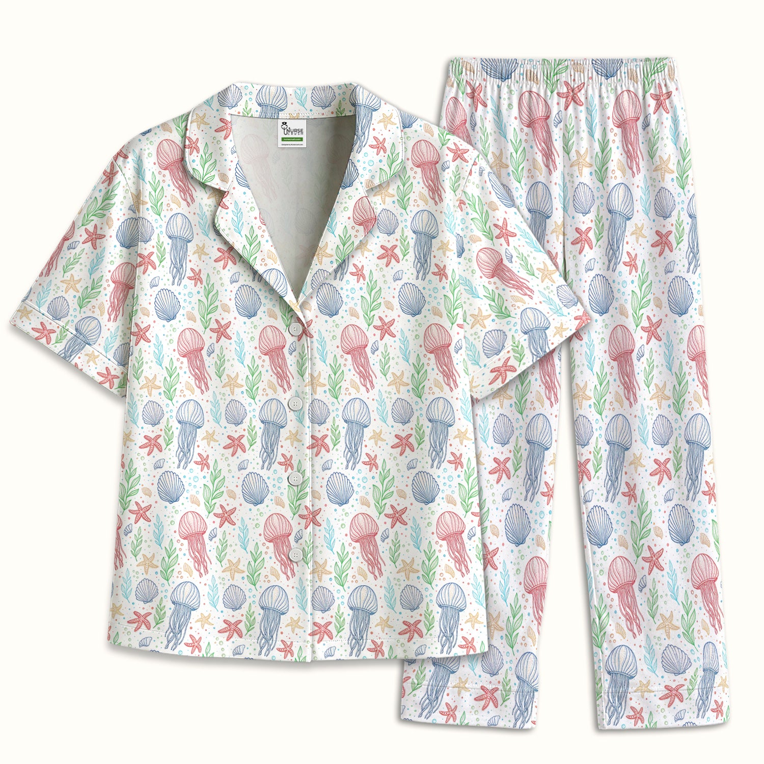 Cute Jellyfish Ocean World Pattern Pajama Set, Soft Breathable Fabric Comfortable Sleepwear