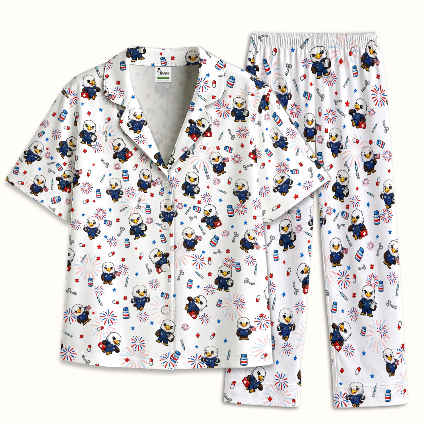 Patriotic Nurse Eagle Fireworks Medical Pattern Pajama Set, Breathable Fabrics Uniform
