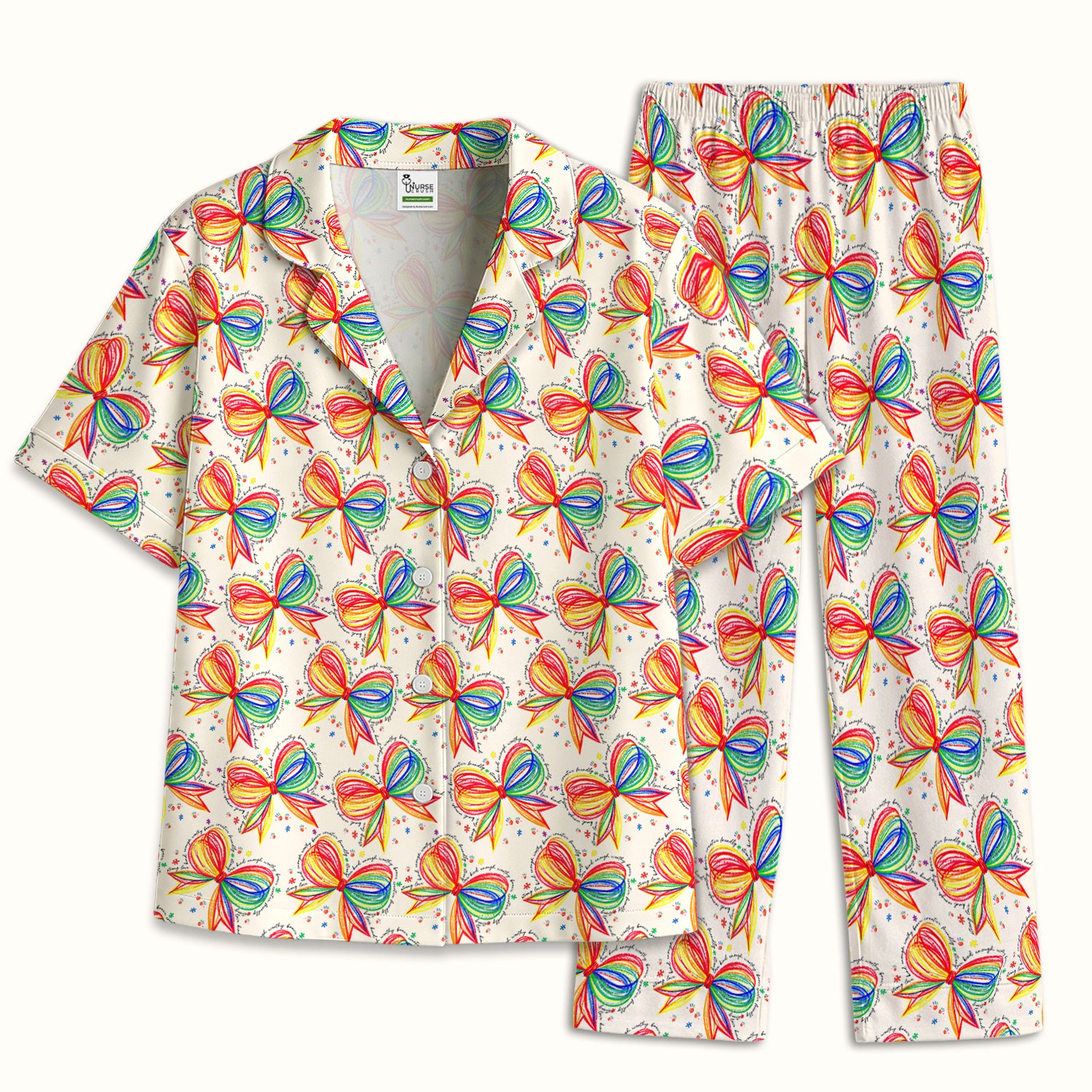 Colorful Rainbow Bow Pattern Pajama Set, Breathable Fabrics Uniform