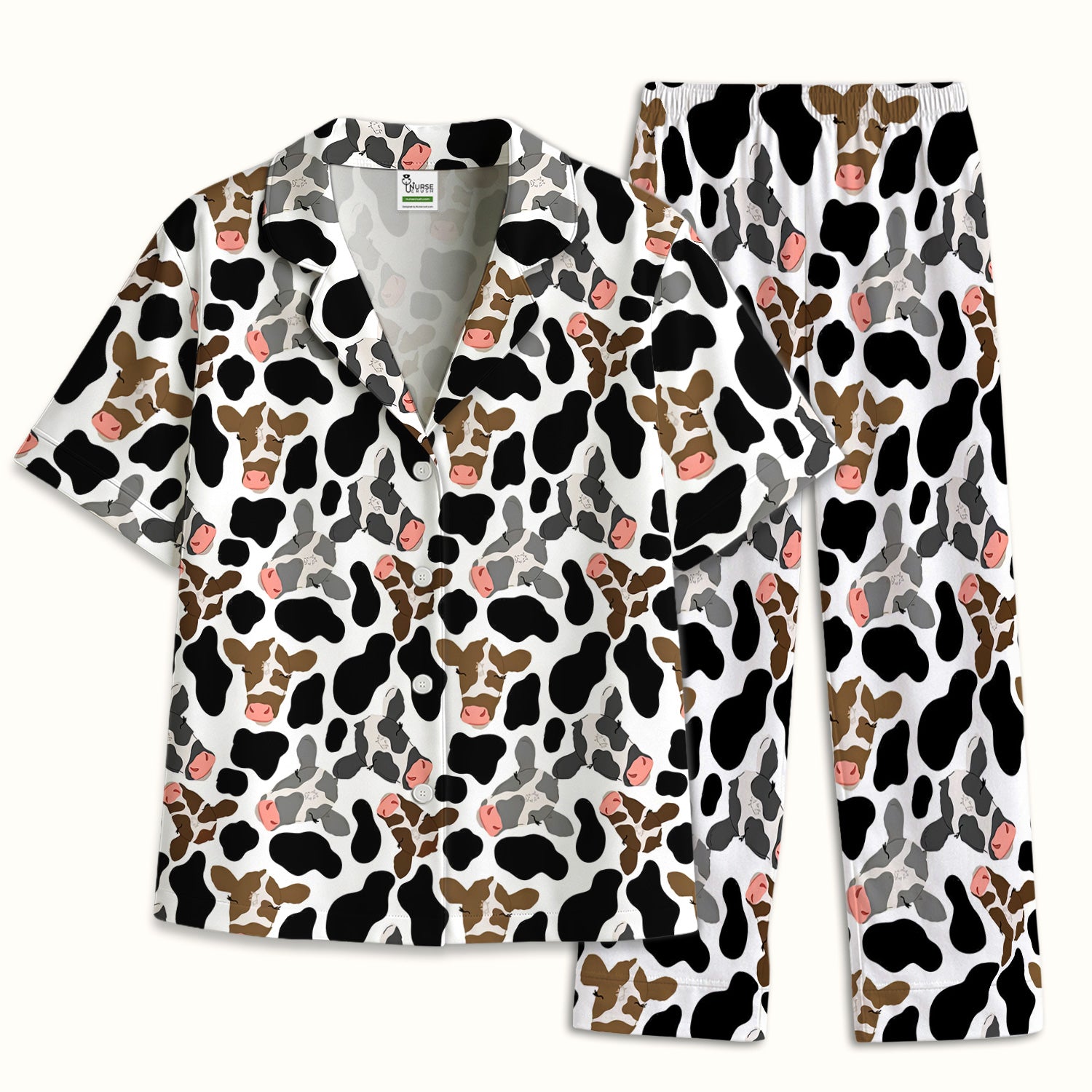 Cute Cow Face Black White Pattern Nurse Pajama Set, Soft Breathable Fabric Comfortable Sleepwear