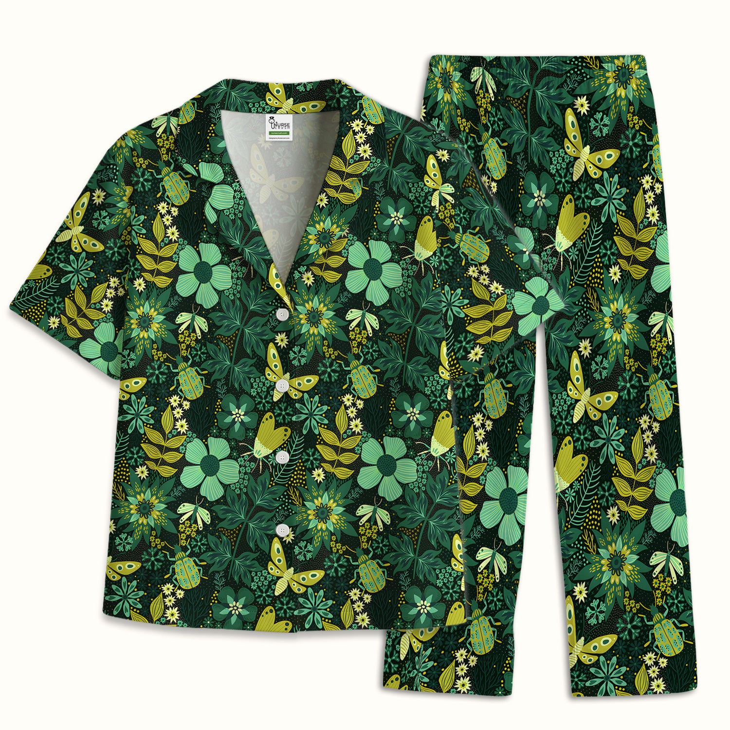 Green Botanical Butterfly Pattern Pajama Set, Soft Breathable Fabric Comfortable Sleepwear