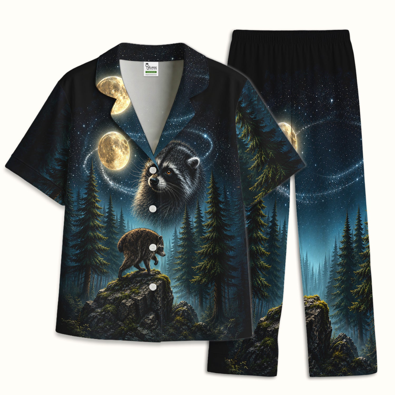 Raccoon On A Moonlit Branch Print Pajama Set, Soft Breathable Fabric Comfortable Sleepwear