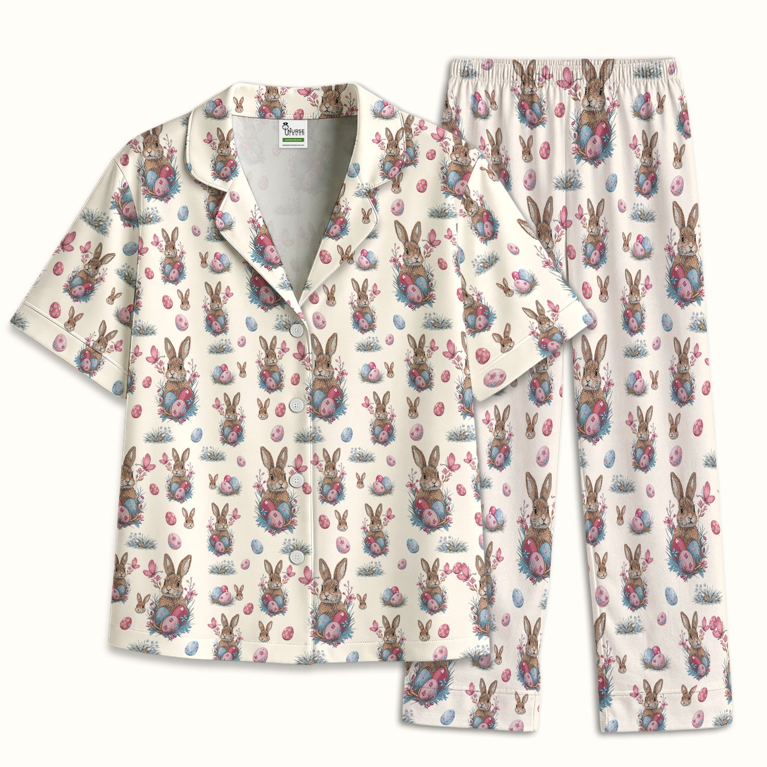 Pastel Easter Bunny Nest Pattern Pajama Set, Breathable Fabrics Uniform