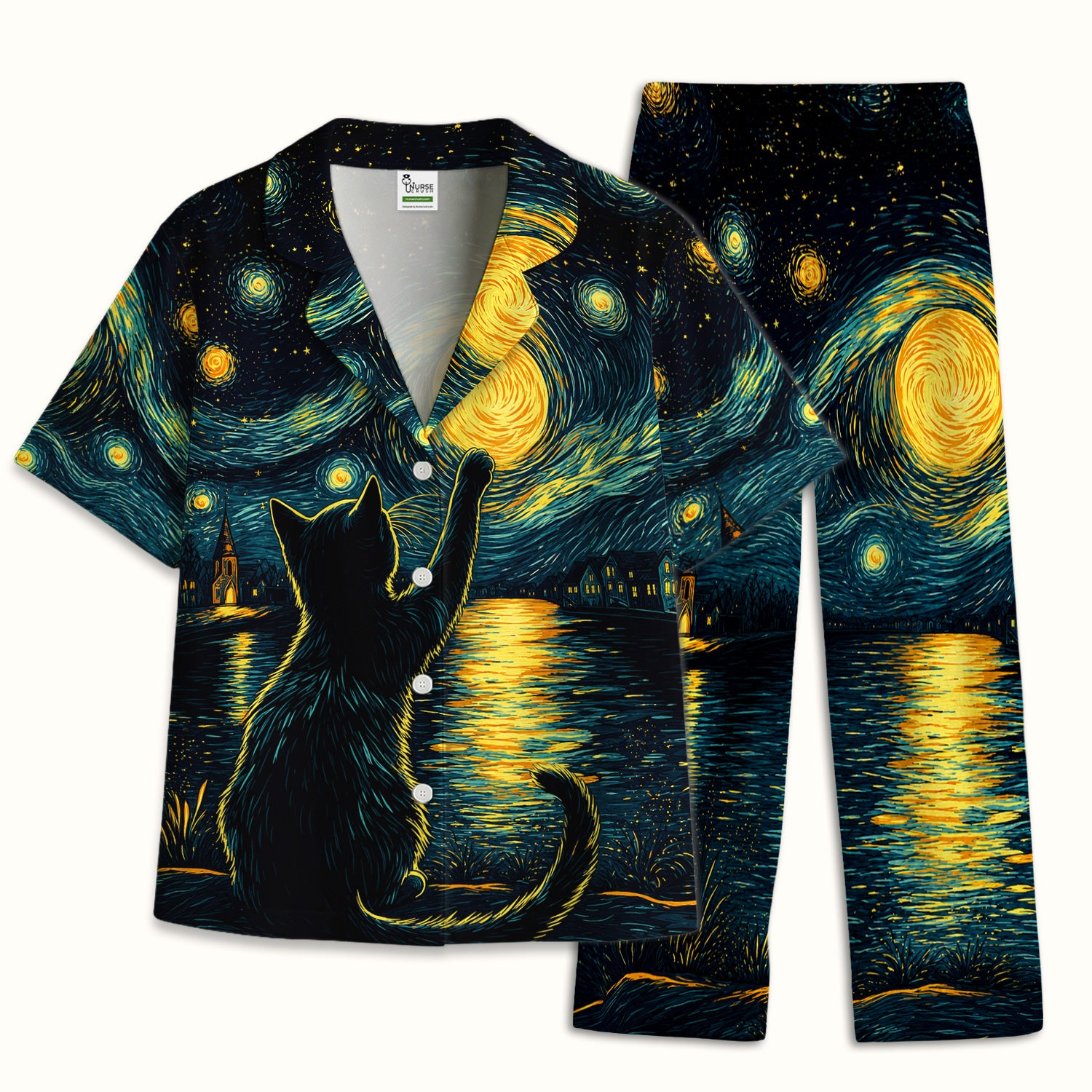 Starry Moonlit Black Cat Pajama Set, Soft Breathable Fabric Comfortable Sleepwear